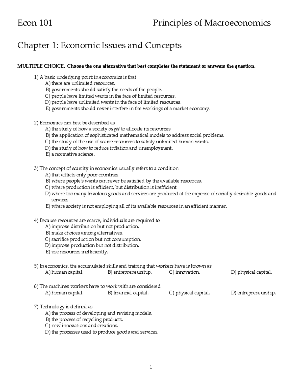 Econ 105 ch 1 practice mcq - Econ 101 Principles of - Studocu