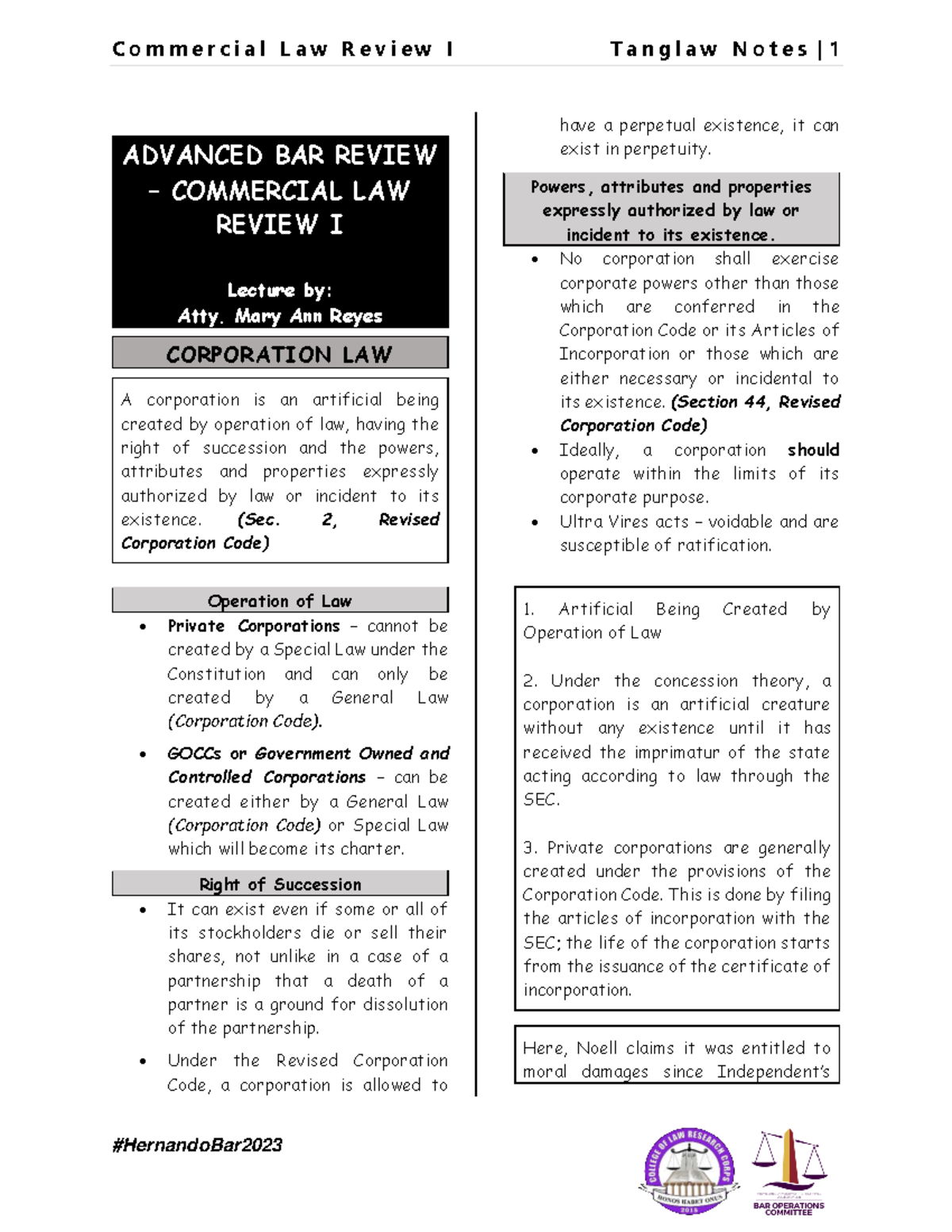 Advanced Bar Review: Commercial Law - Corporation Law Lecture Notes ...
