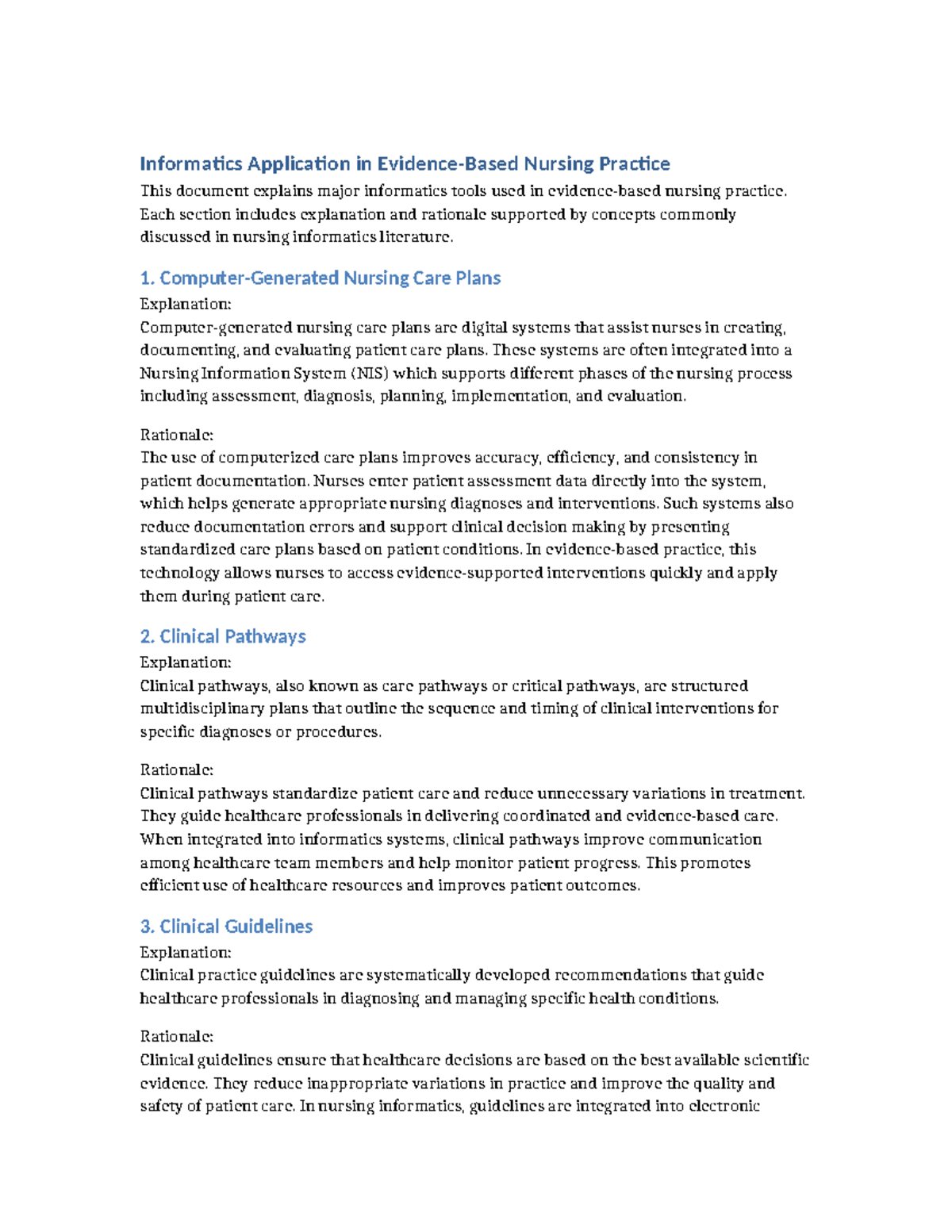 Informatics Tools in Nursing Practice: Evidence-Based Insights - Studocu