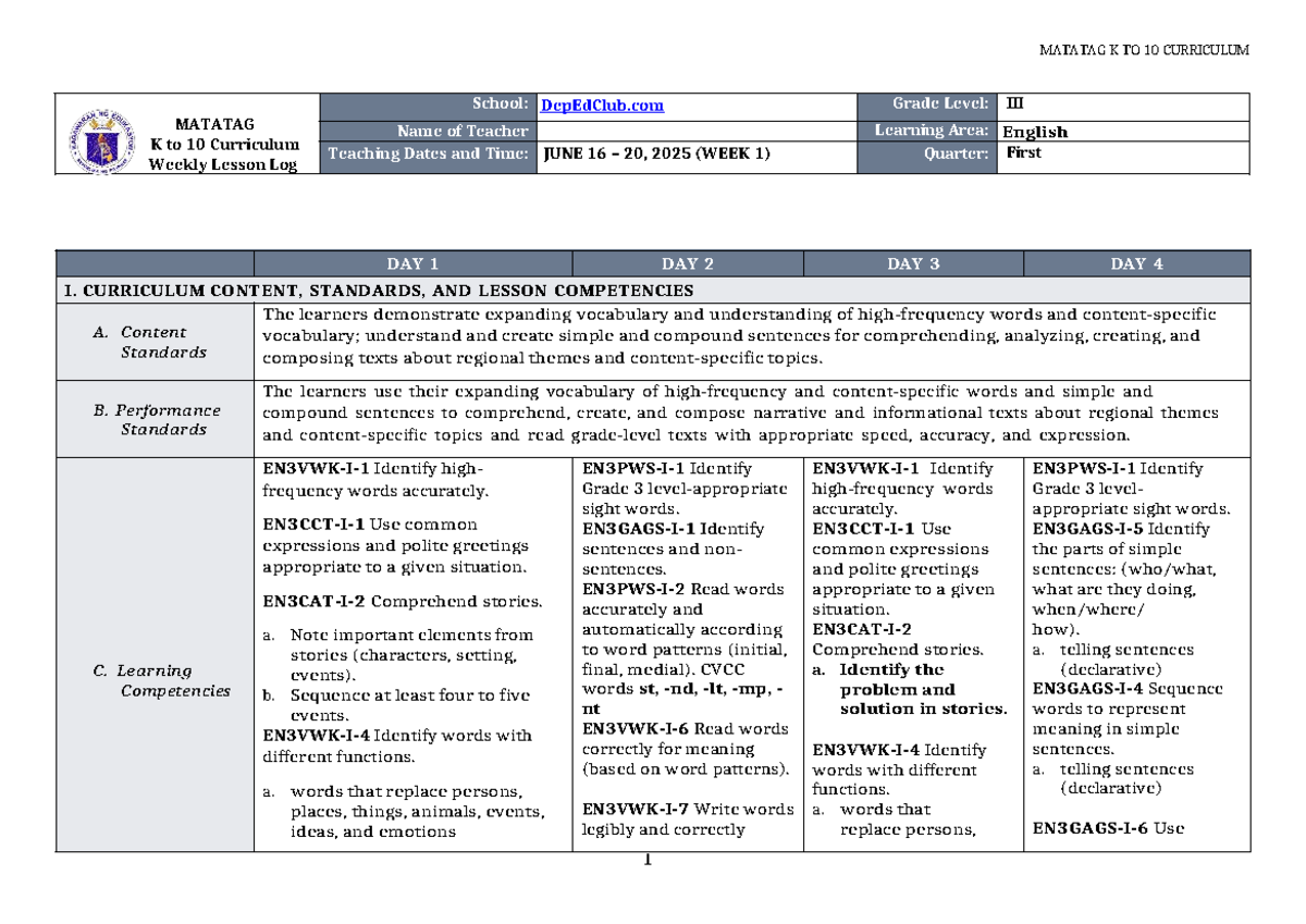 DLL Matatag English 3 Q1 W1: Weekly Lesson Log on Vocabulary ...