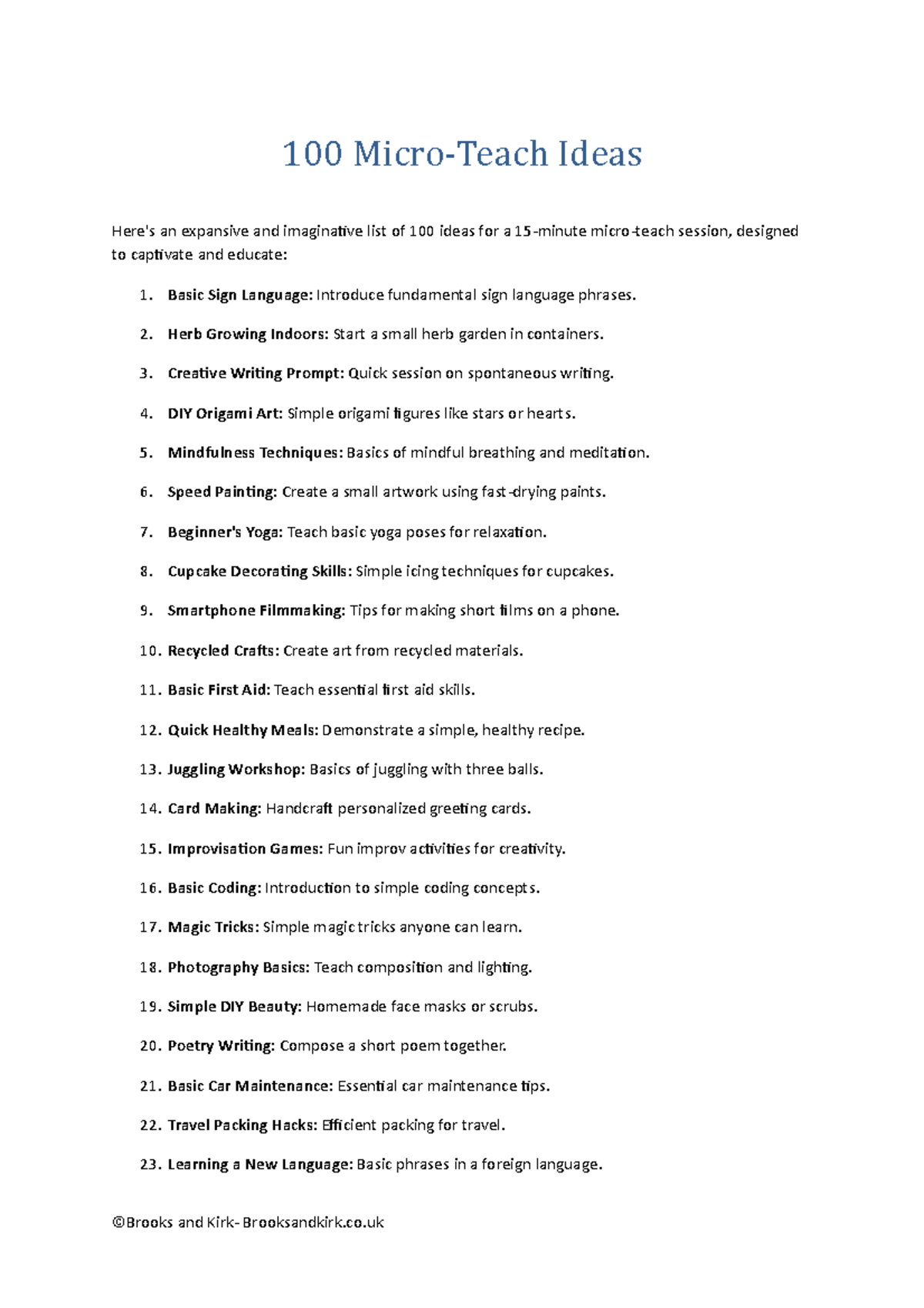 Brooks and Kirk 100 Creative Micro Teaching Ideas for Engaging Sessions ...