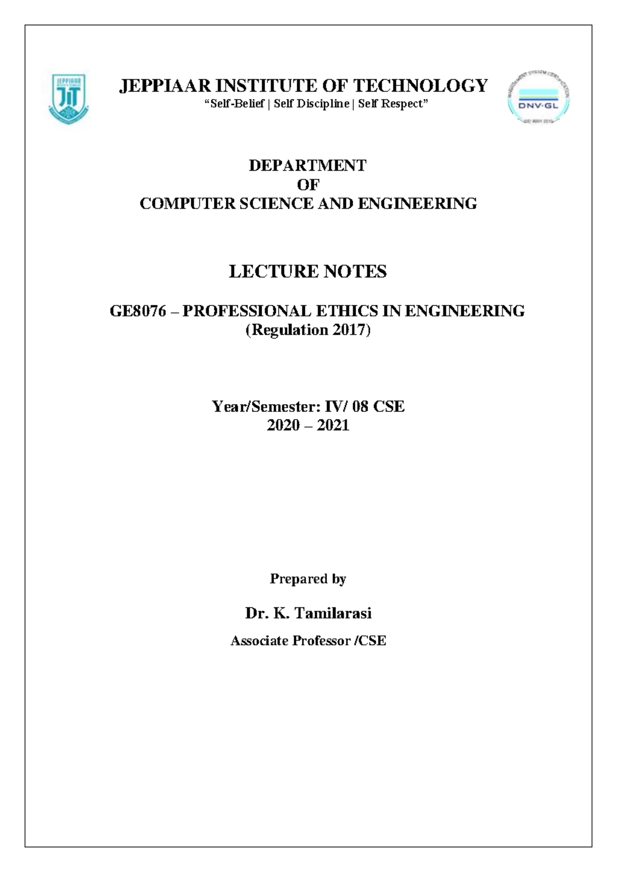 GE8076 : PROFESSIONAL ETHICS IN ENGINEERING - JEPPIAAR INSTITUTE OF ...