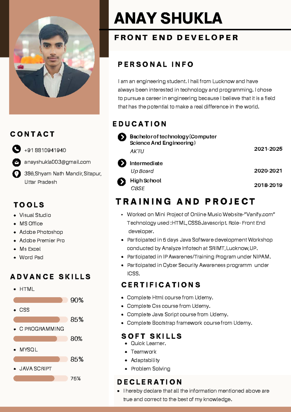 ANAY SHUKLA - FRONT END DEVELOPER PERSONAL INFO & SKILLS - Studocu