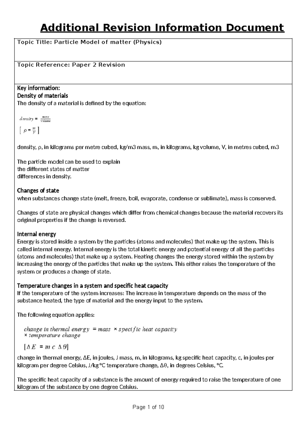 Particle Model of Matter - Revision Notes (Physics Paper 2) - Studocu