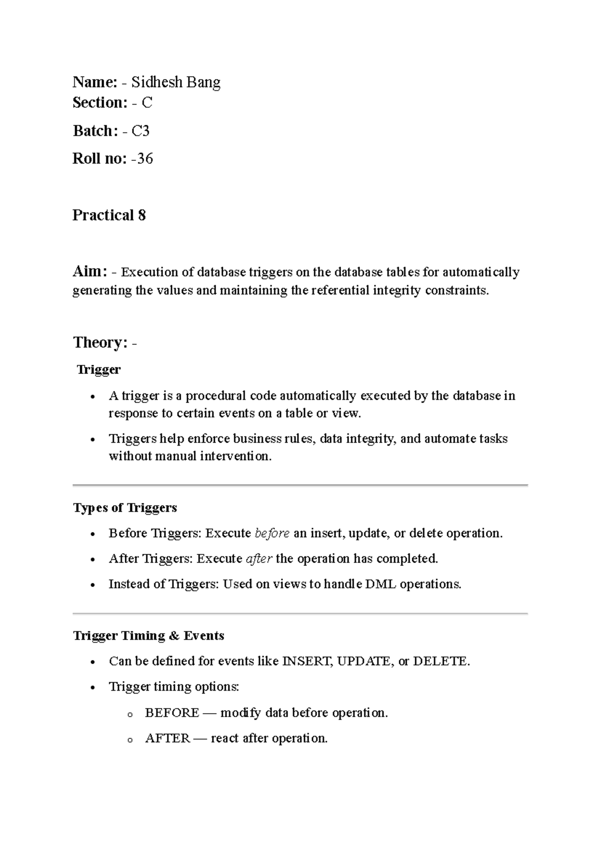Practical 8: Execution of Database Triggers - DBMS66 - Studocu