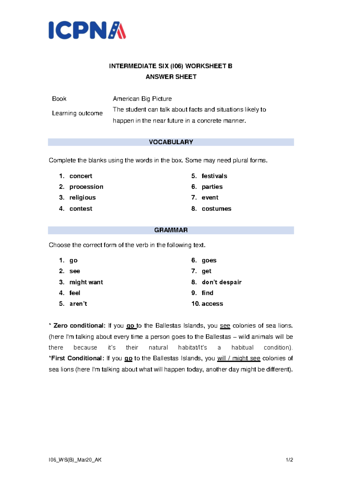 I06 INTERMEDIATE SIX (I06) WORKSHEET B ANSWER SHEET - Studocu