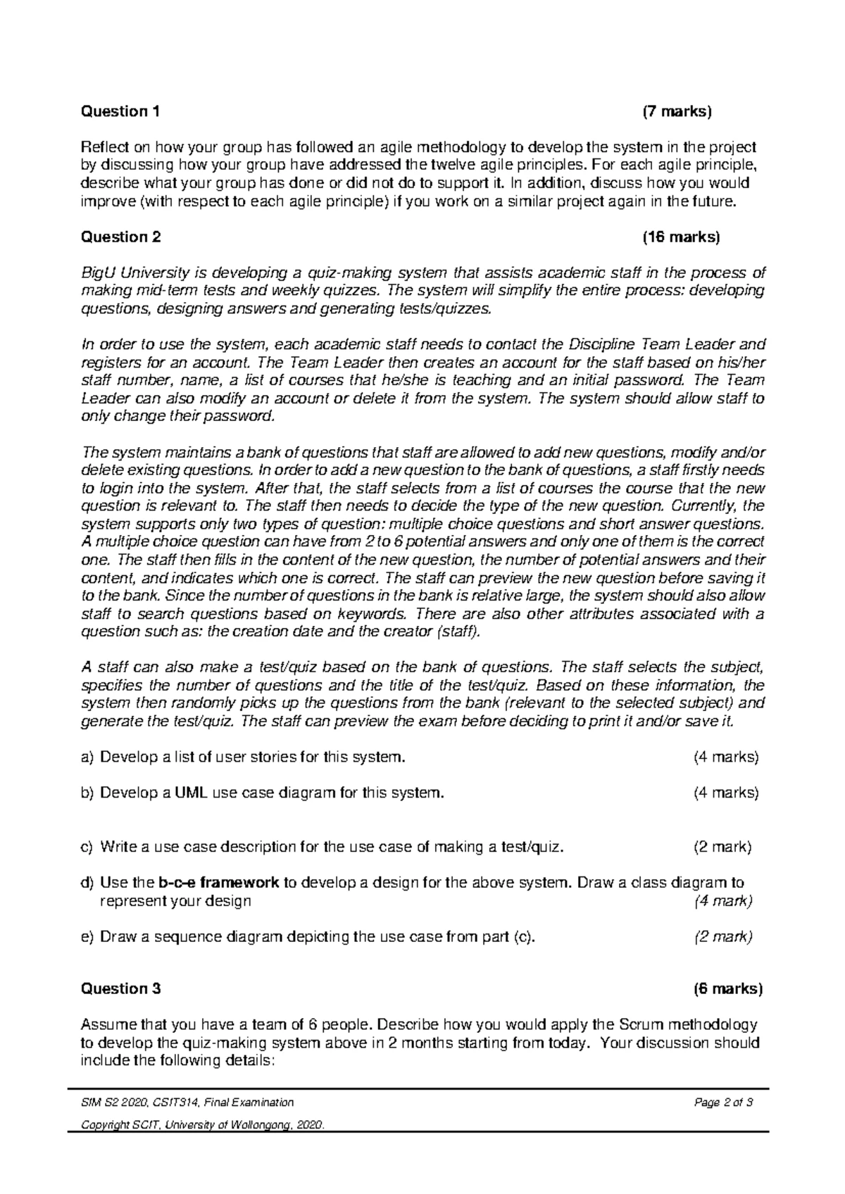 CSIT314 Final Exam Paper - Software Development Methodologies S2 2022 ...