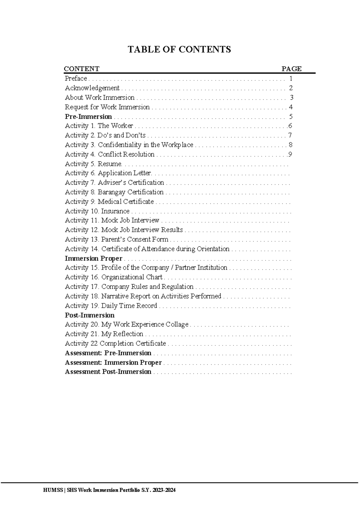 HUMSS SHS Work Immersion Portfolio Template for S.Y. 2023-2024 - Studocu