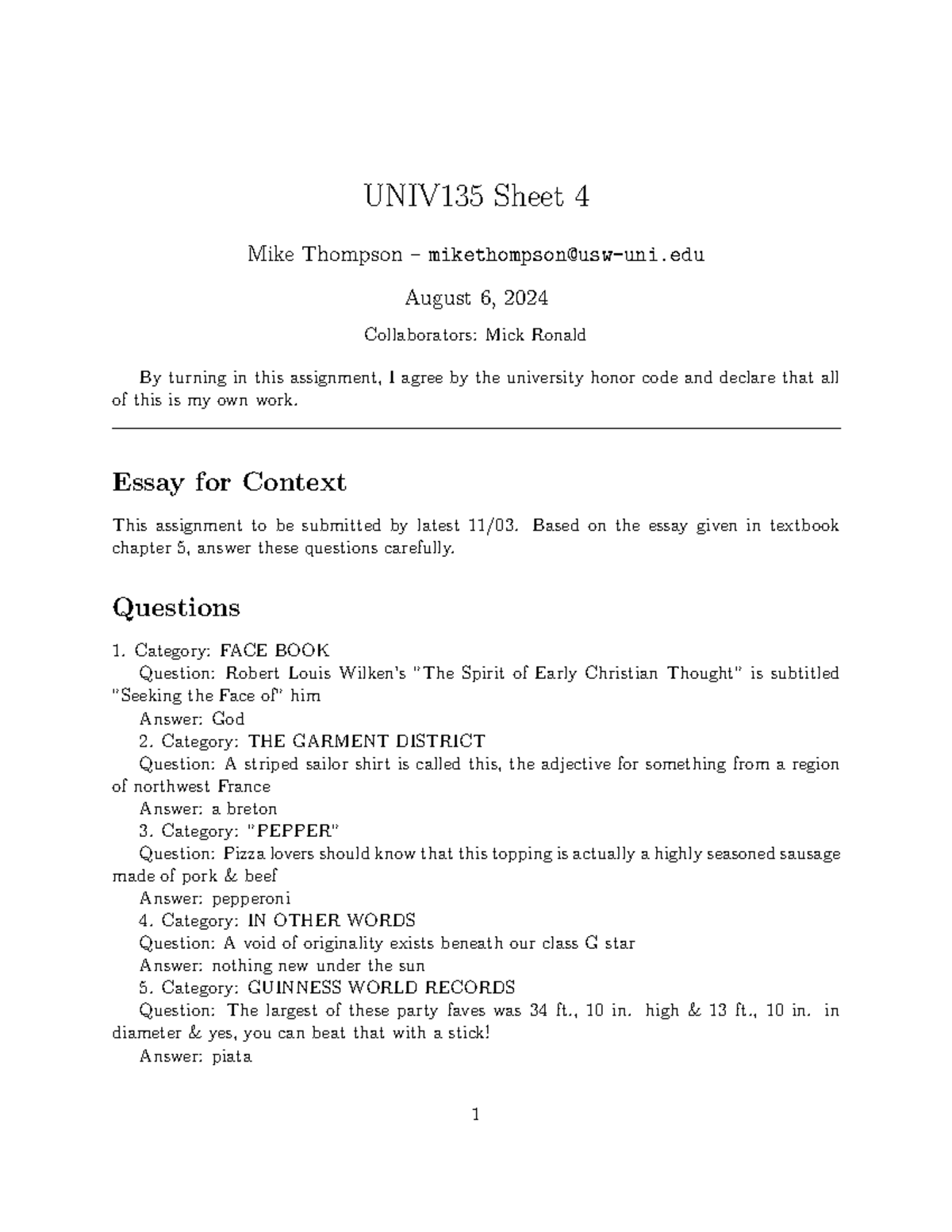 UNIV135 Essay Questions & Answers - Sheet 4 (August 2024) - Studocu