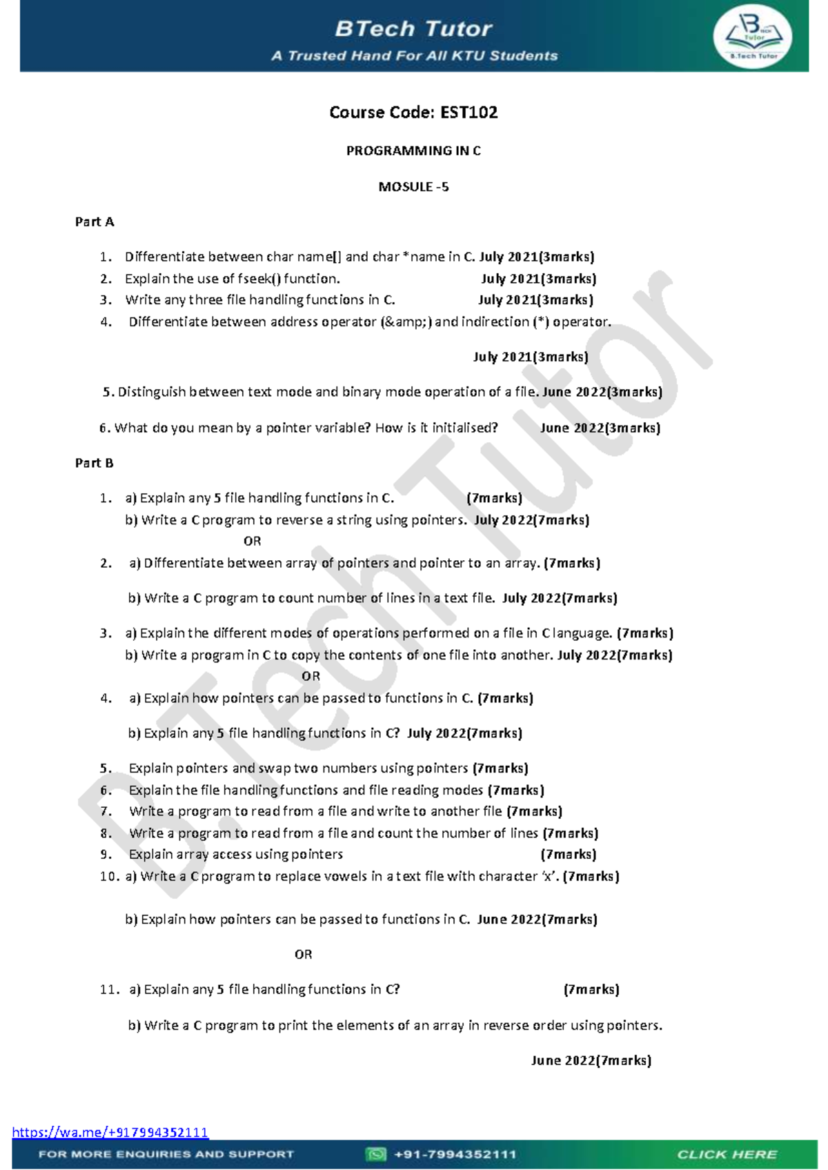 C programme module 5 question - wa/+ Course Code: EST PROGRAMMING IN C ...