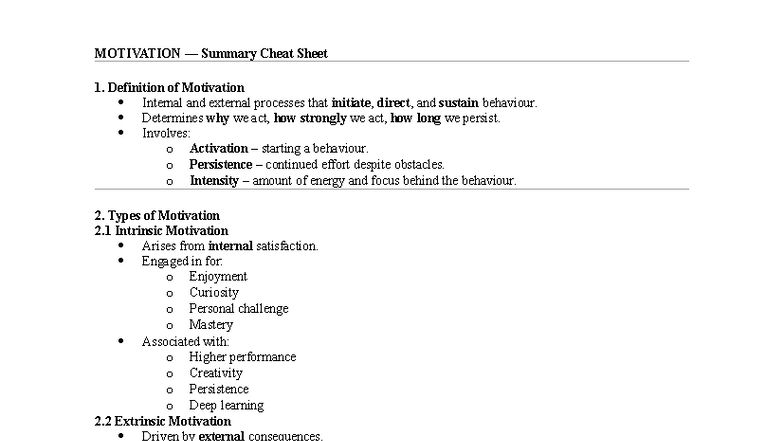 MOTIVATION (PSY101) Summary Cheat Sheet: Key Theories & Applications ...