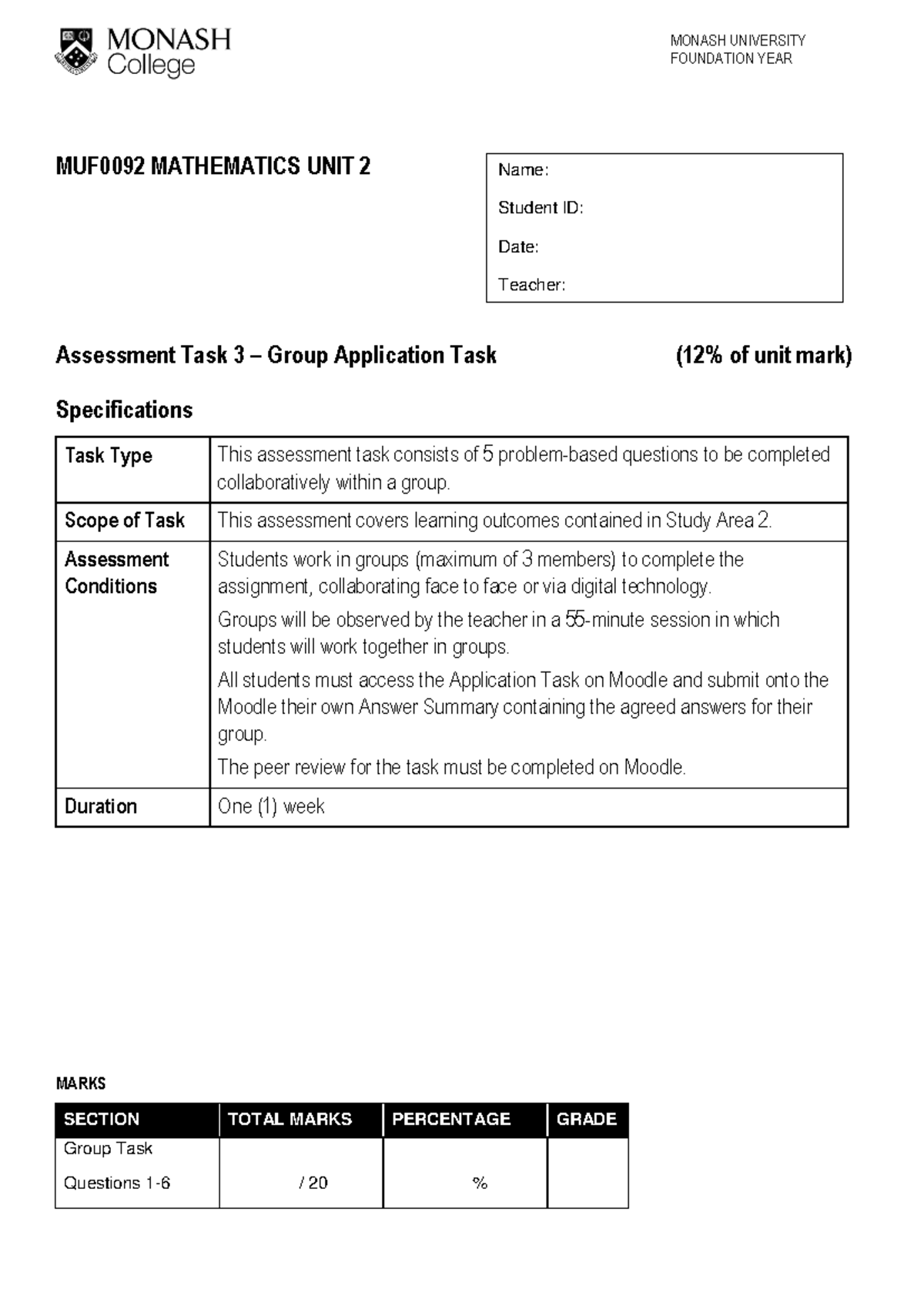 MUF0092 Mathematics Unit 2 Group Application Task on Probability - Studocu