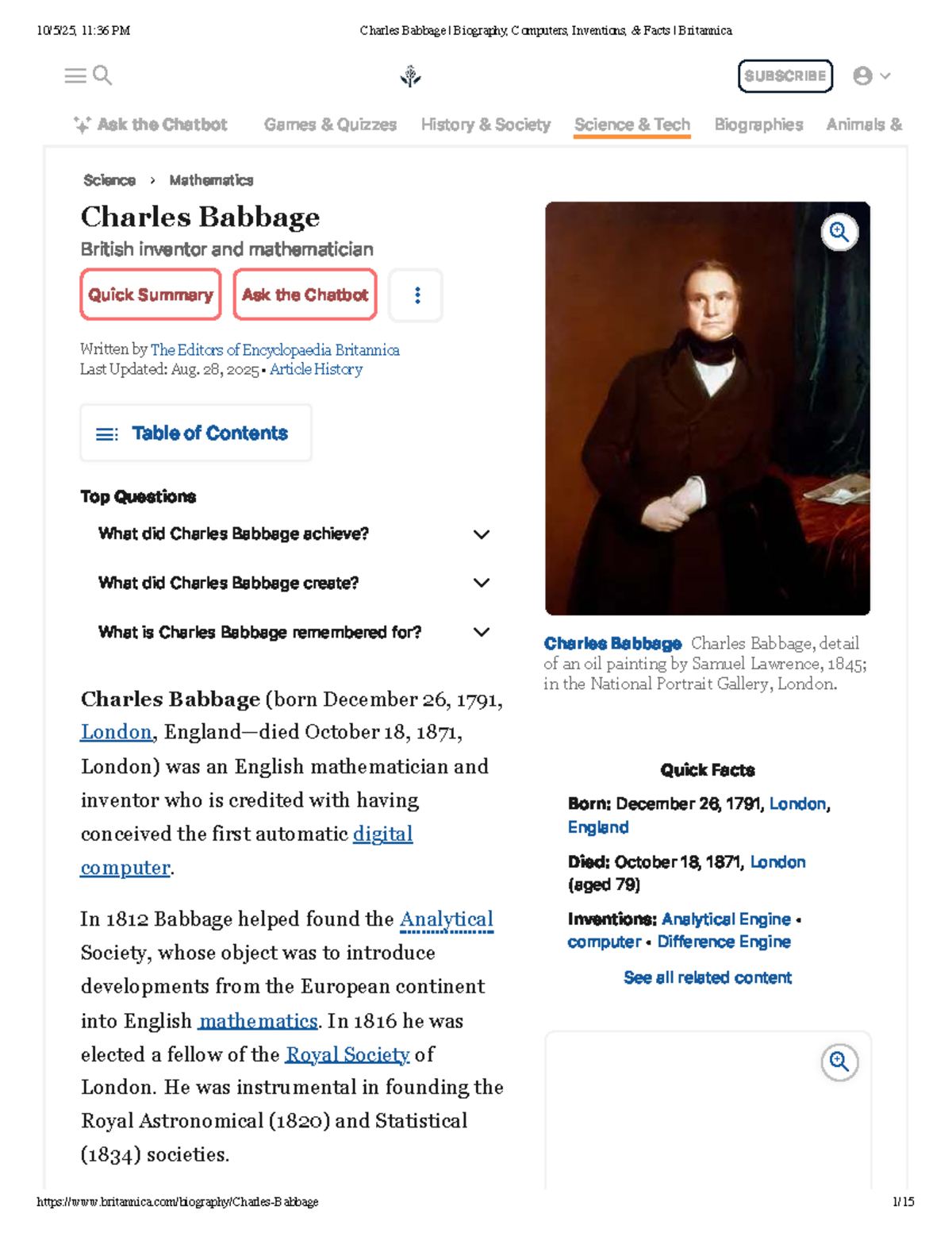 Charles Babbage: Biography, Inventions, and Computing Legacy - Studocu