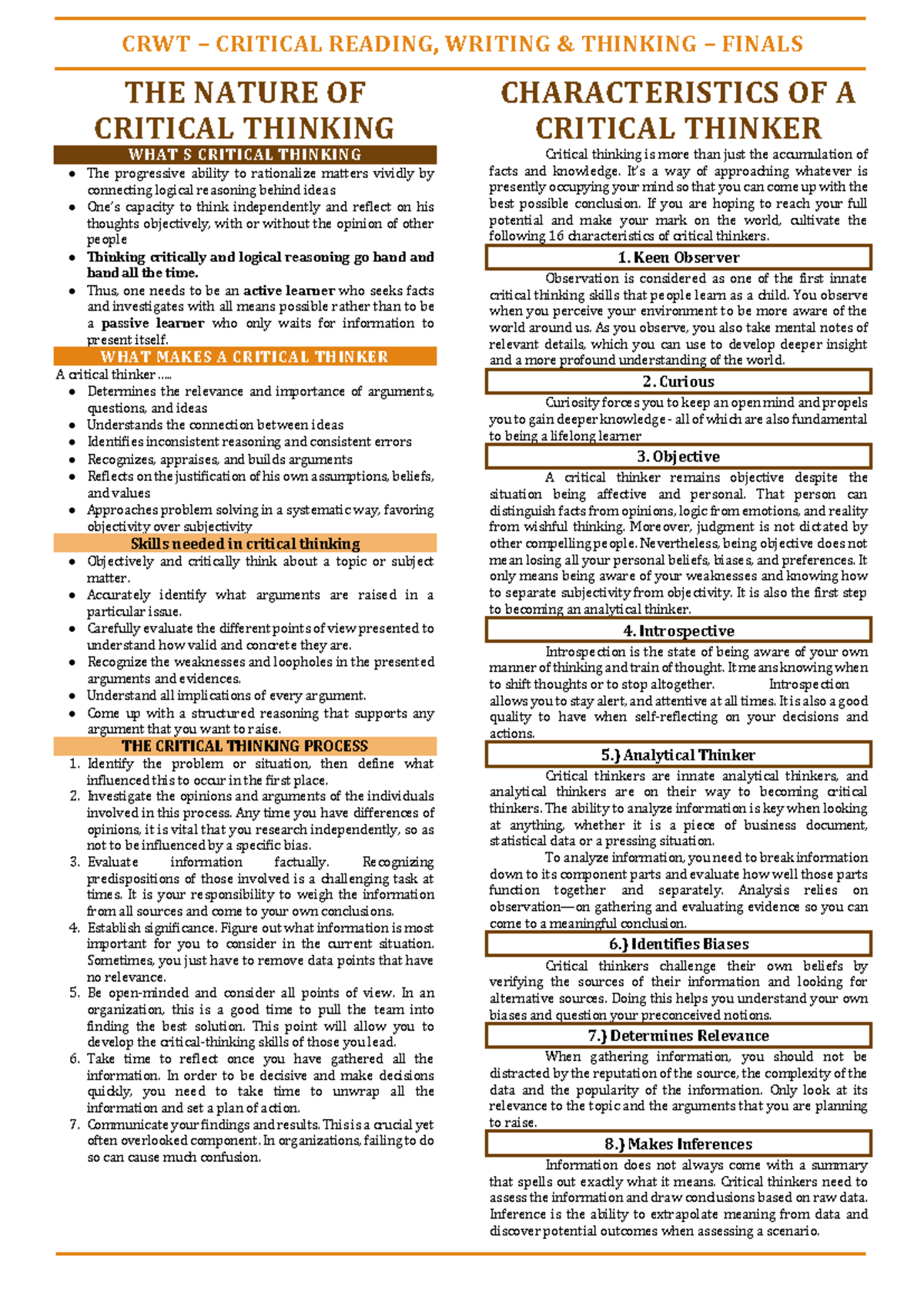 CRWT- Finals Review Notes on Critical Thinking and Skills - Studocu