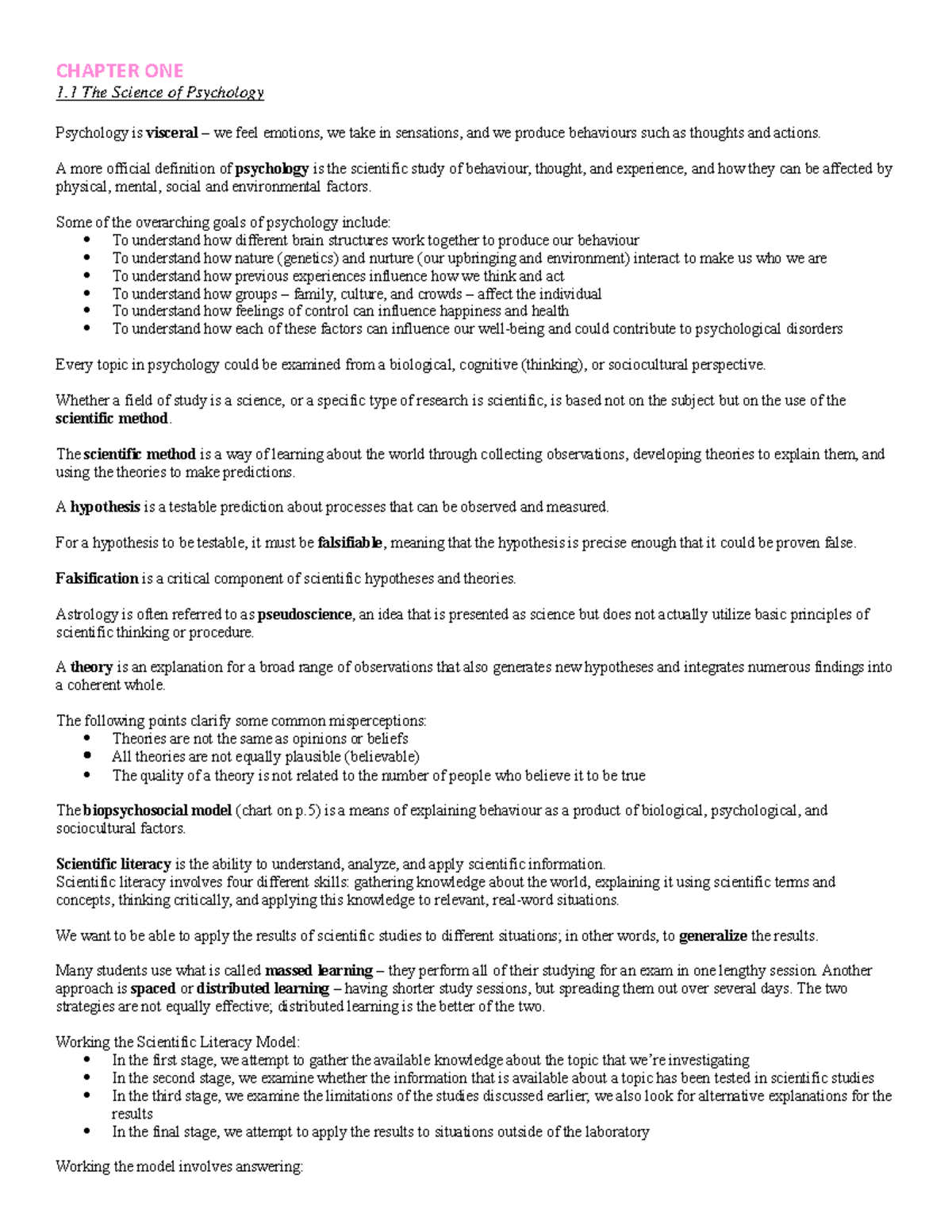 PSYA01 Textbook Notes - CHAPTER ONE 1 The Science of Psychology ...