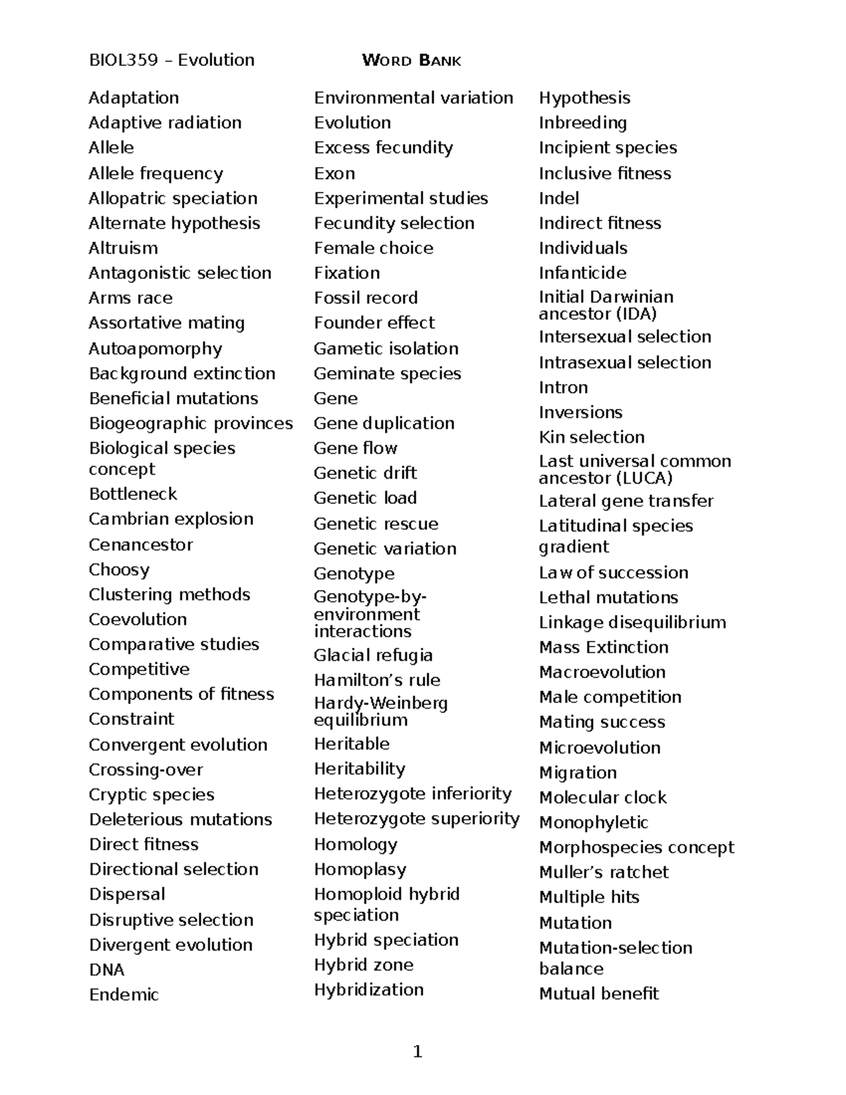 BIOL359 S2025 Evolution Word Bank: Key Terms and Concepts - Studocu