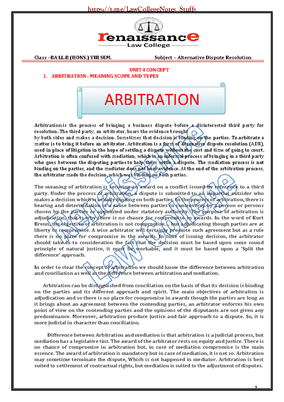 BA LL (HONS.) VIII SEM: ADR - Comprehensive Notes on Arbitration ...