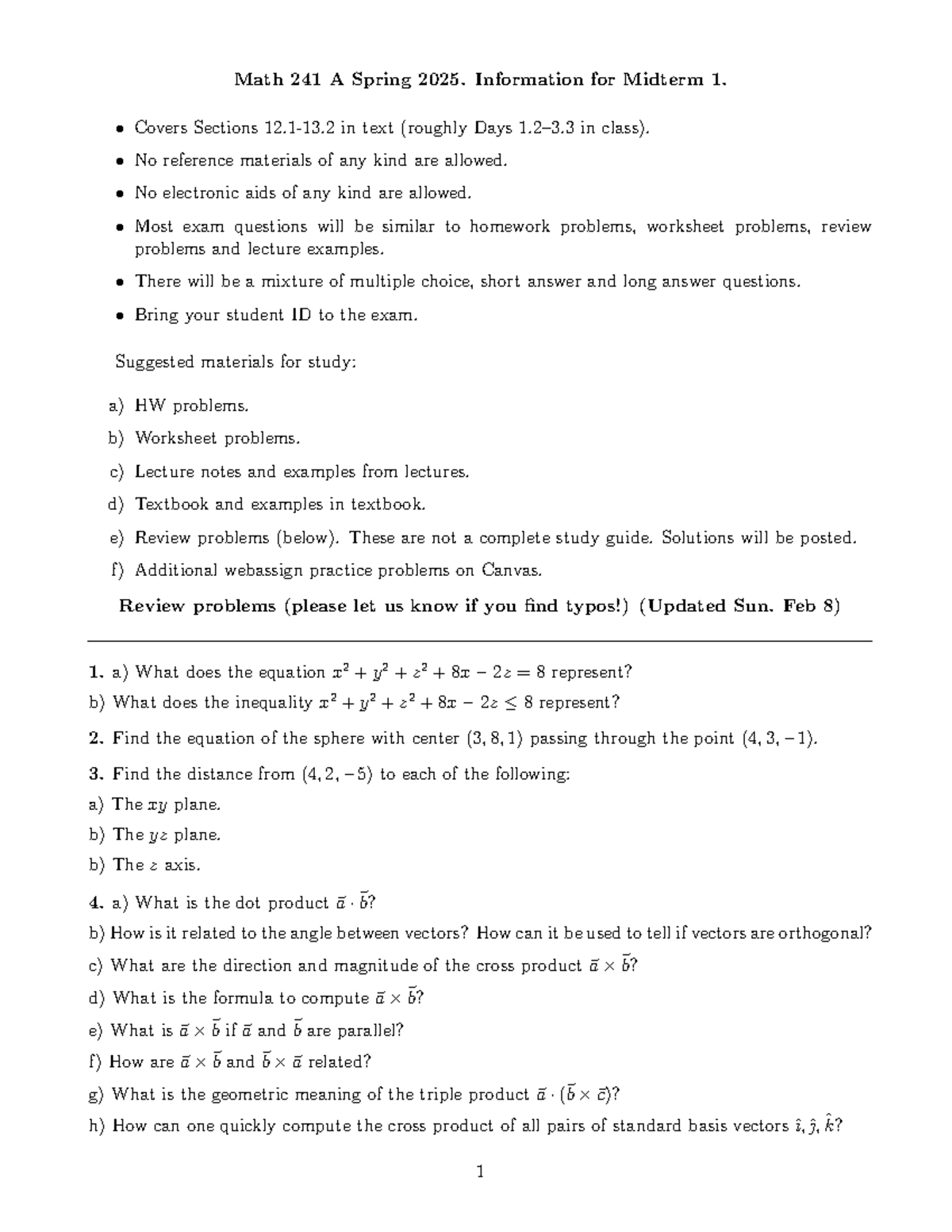 Math 241 A Spring 2025: Midterm 1 Study Guide and Review - Studocu