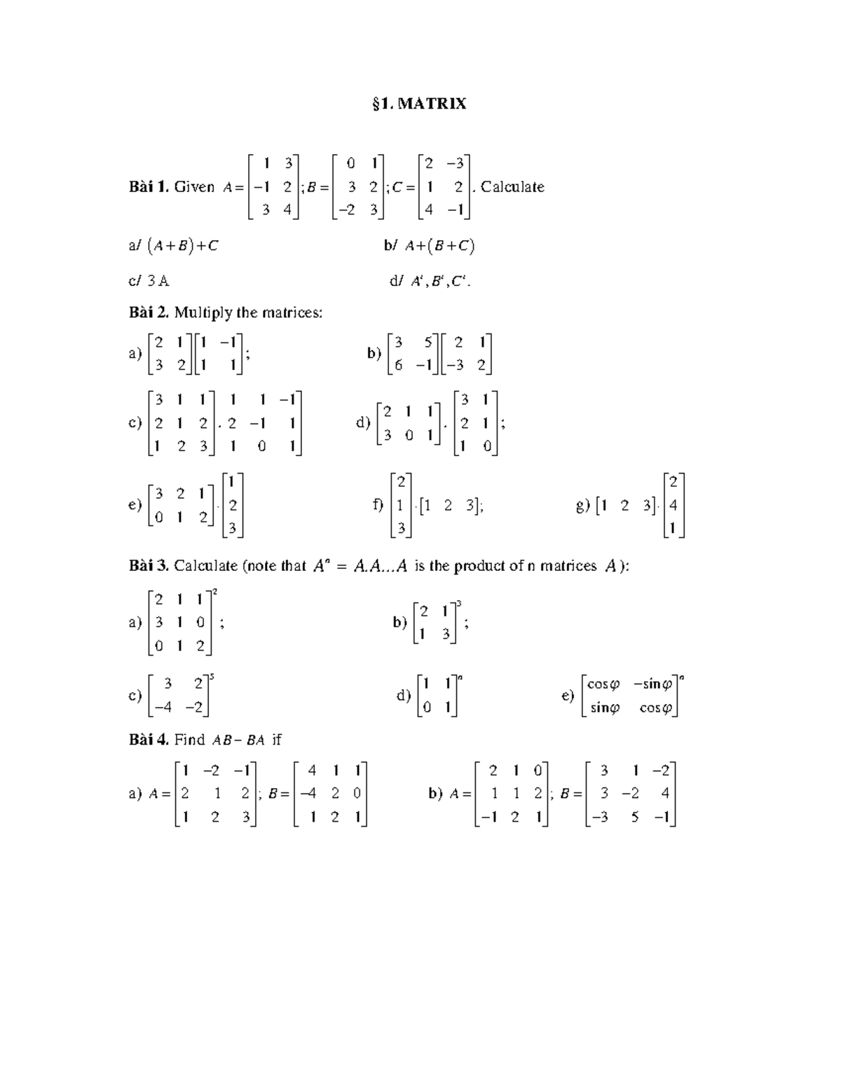 MATRIX 1 0 2: Exercises on Matrix Operations and Calculations - Studocu