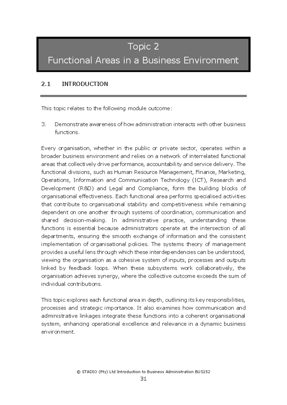BUS152 Lecture: Functional Areas in Business Administration - Studocu
