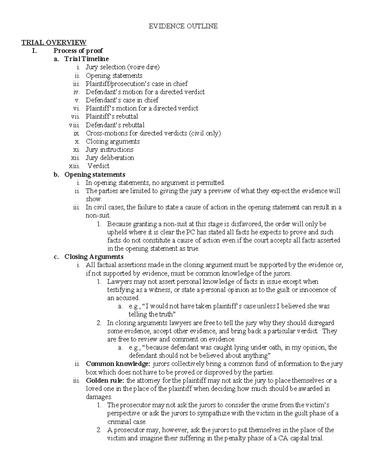 Evidence Outline: Trial Overview and Objections (LAW 101) - Studocu