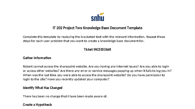 IT 202 Project Two: Knowledge Base Document for User Issues - Studocu