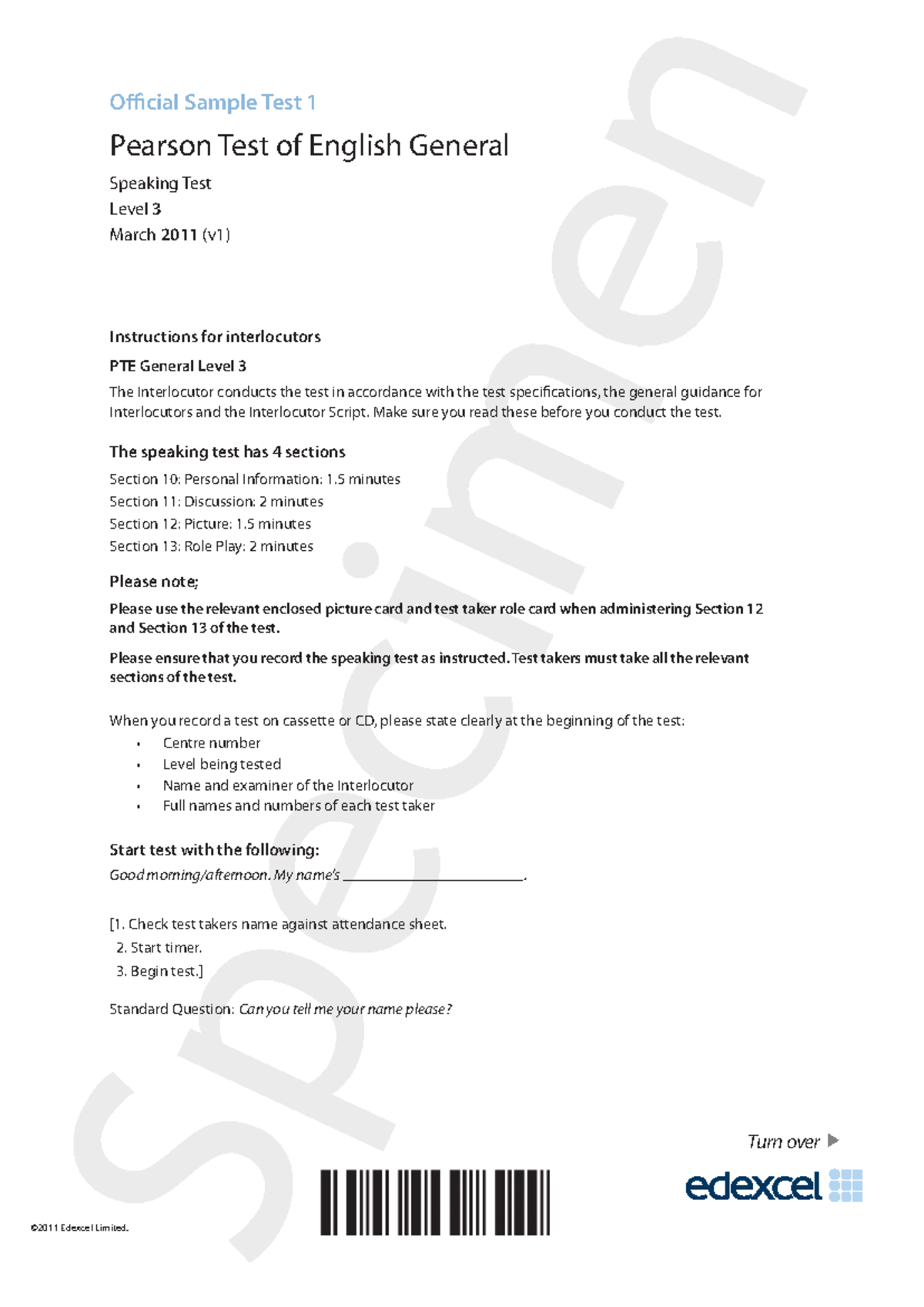 3629 1 0770 Pearson B2 Speaking Test Sample – Level 3 March 2011 - Studocu