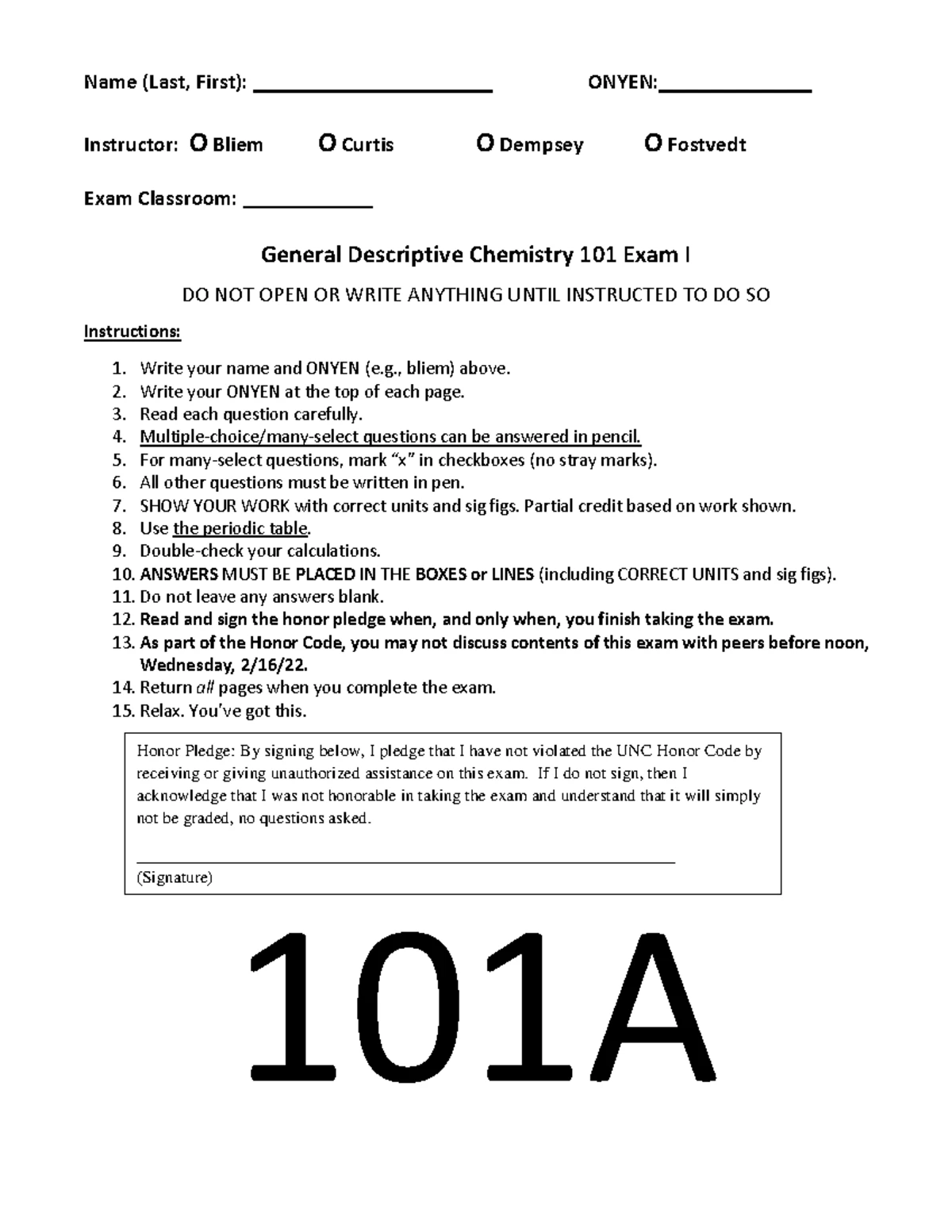 Chemistry 101 Practice Exam I - General Descriptive Exam Prep - Studocu