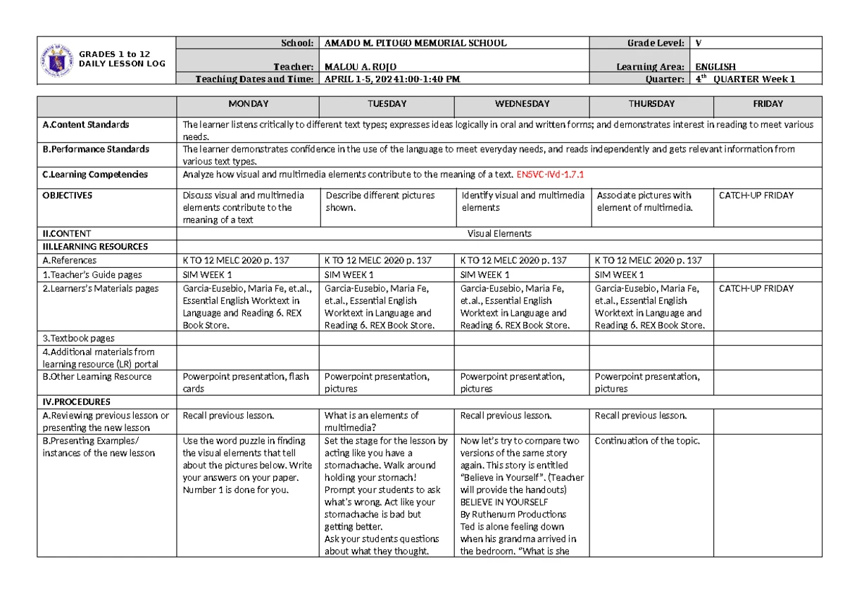 DLL EPP HE 5 Q4 W1 - Daily Lesson Log for Grade V EPP-H - Studocu