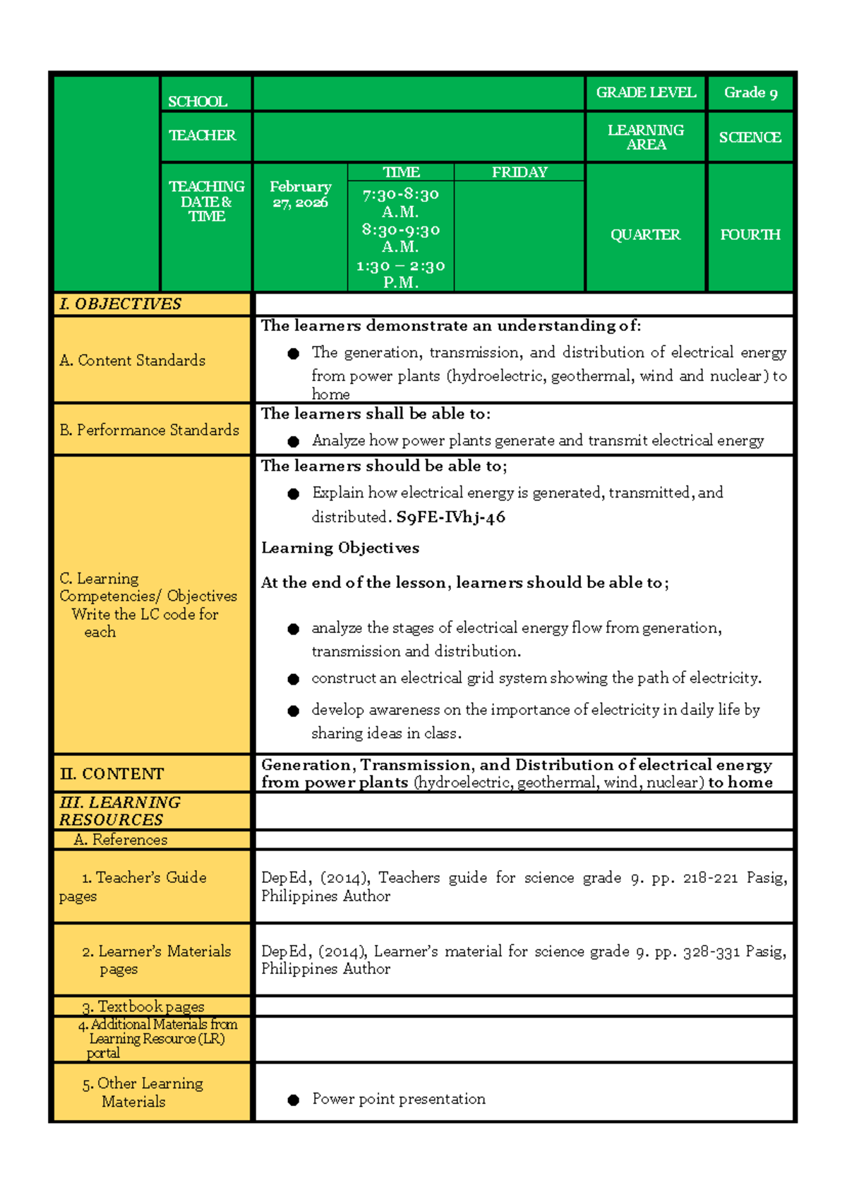 Path of Electricity: Grade 9 Science Lesson Plan (Quarter 4) - Studocu