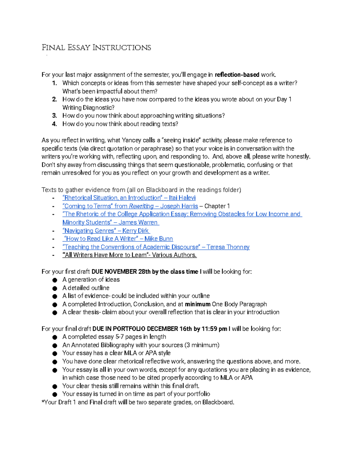 Final Essay Instructions for Reflection on Writing Growth - Studocu