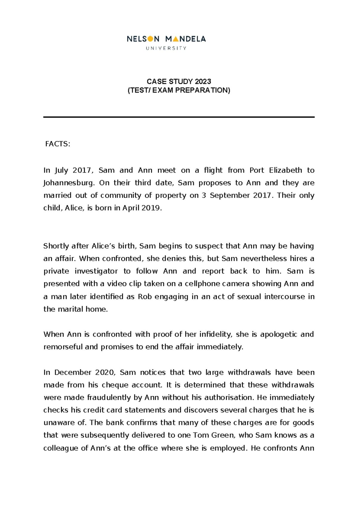 2023 CASE STUDY: Sam and Ann's Turbulent Relationship and Legal Issues ...