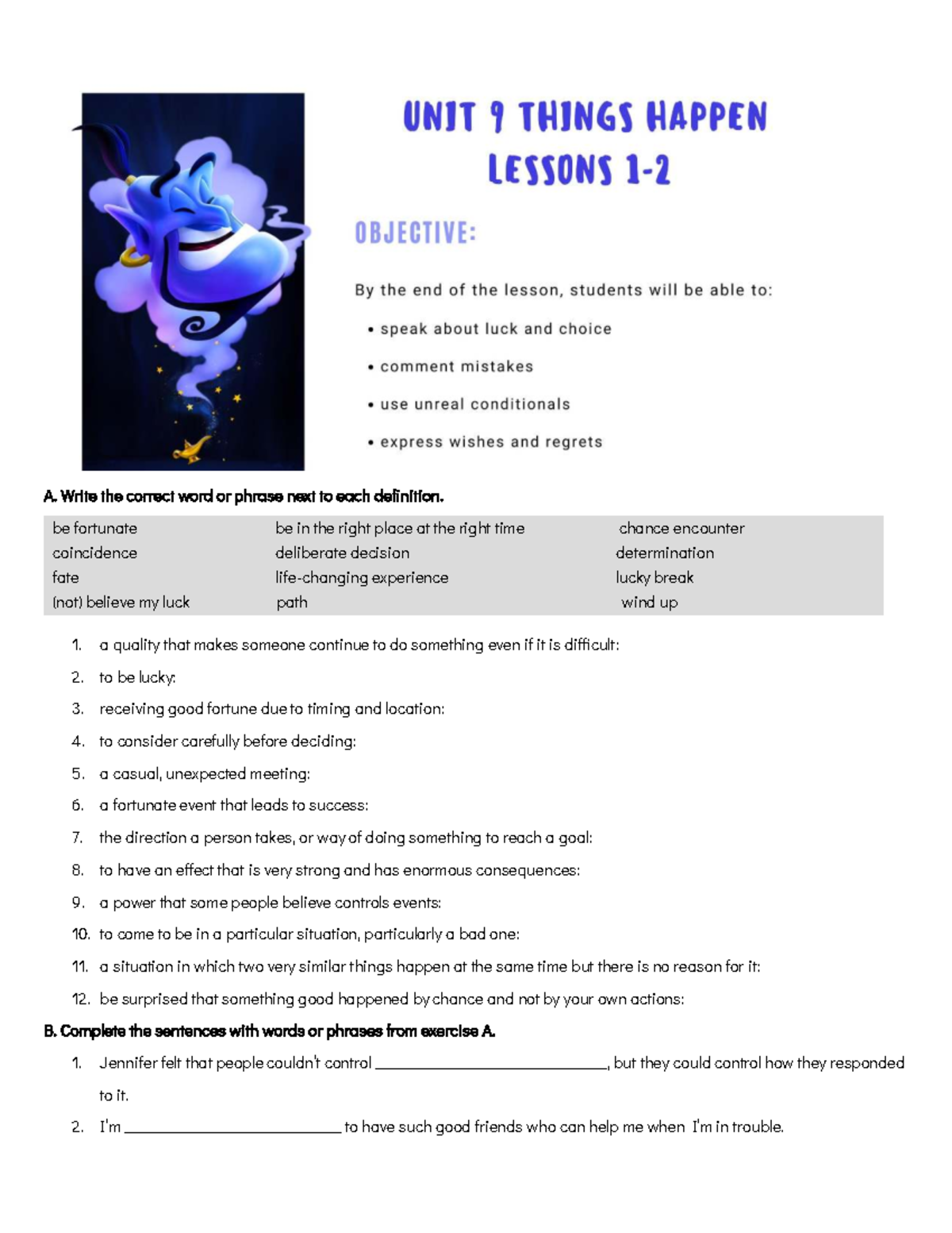 Unit 9 Lessons 1 & 2: Vocabulary Definitions and Exercises - Studocu