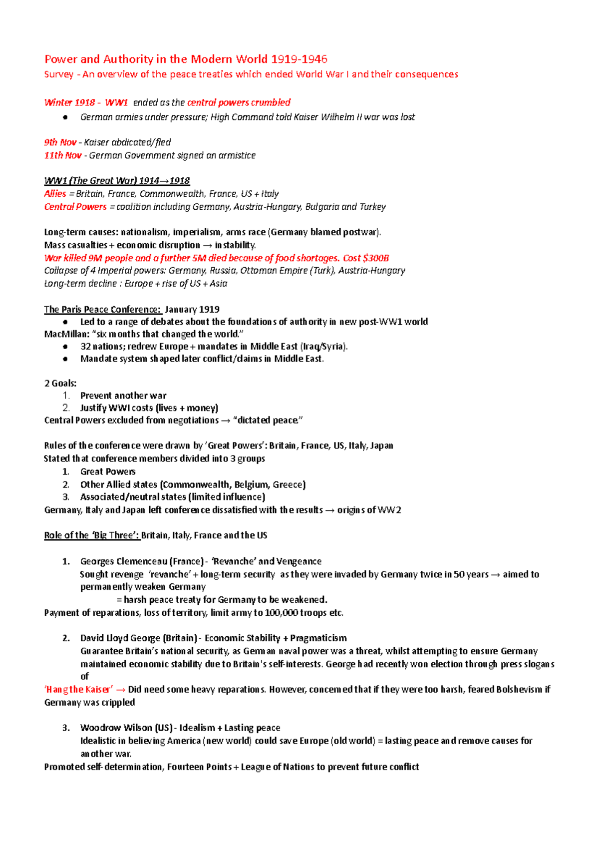 12.1MH Power and Authority: WWI Peace Treaties Overview - Studocu