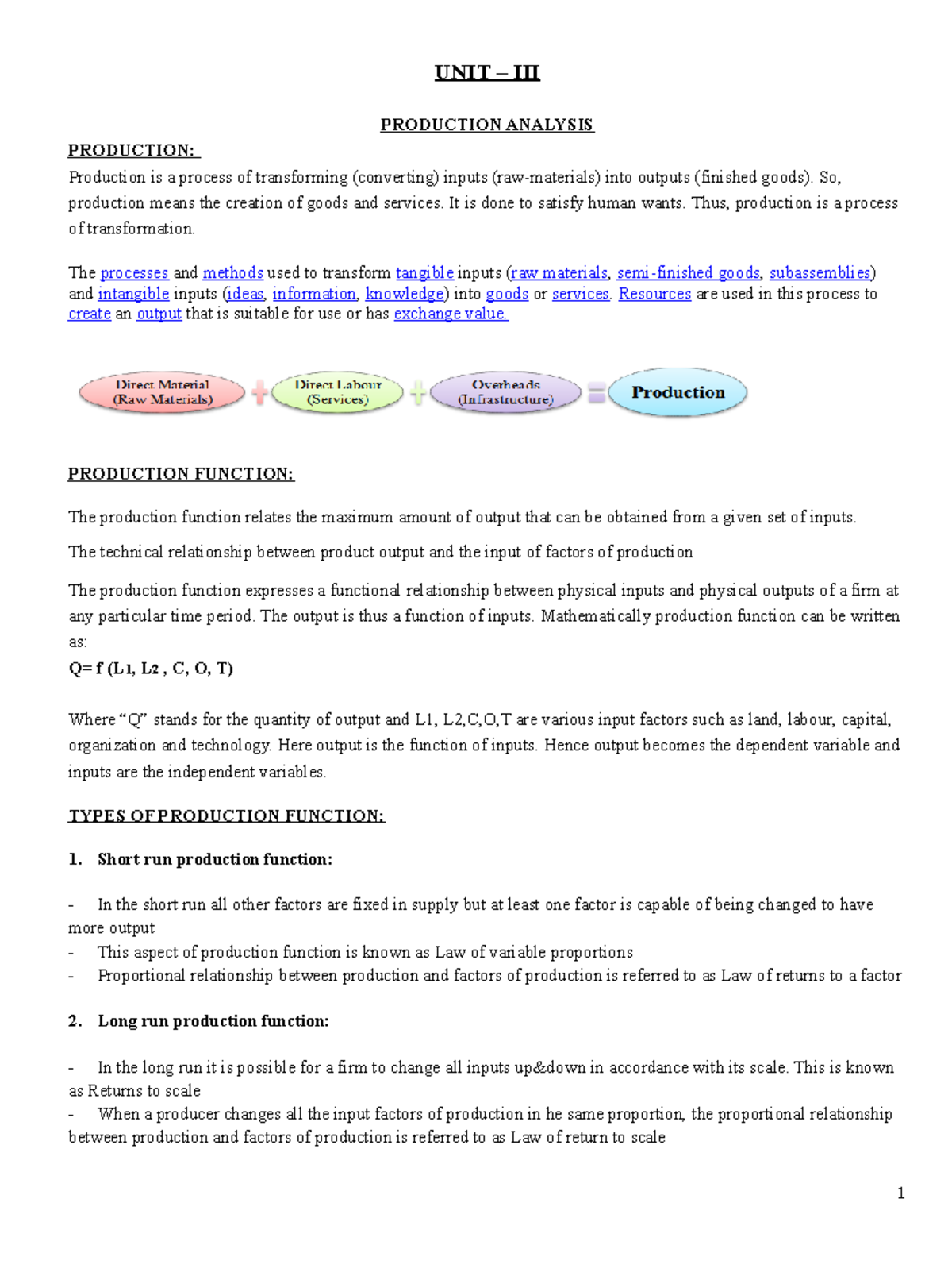 UNIT-III BEFA: Lecture Notes on Production & Cost Analysis - Studocu