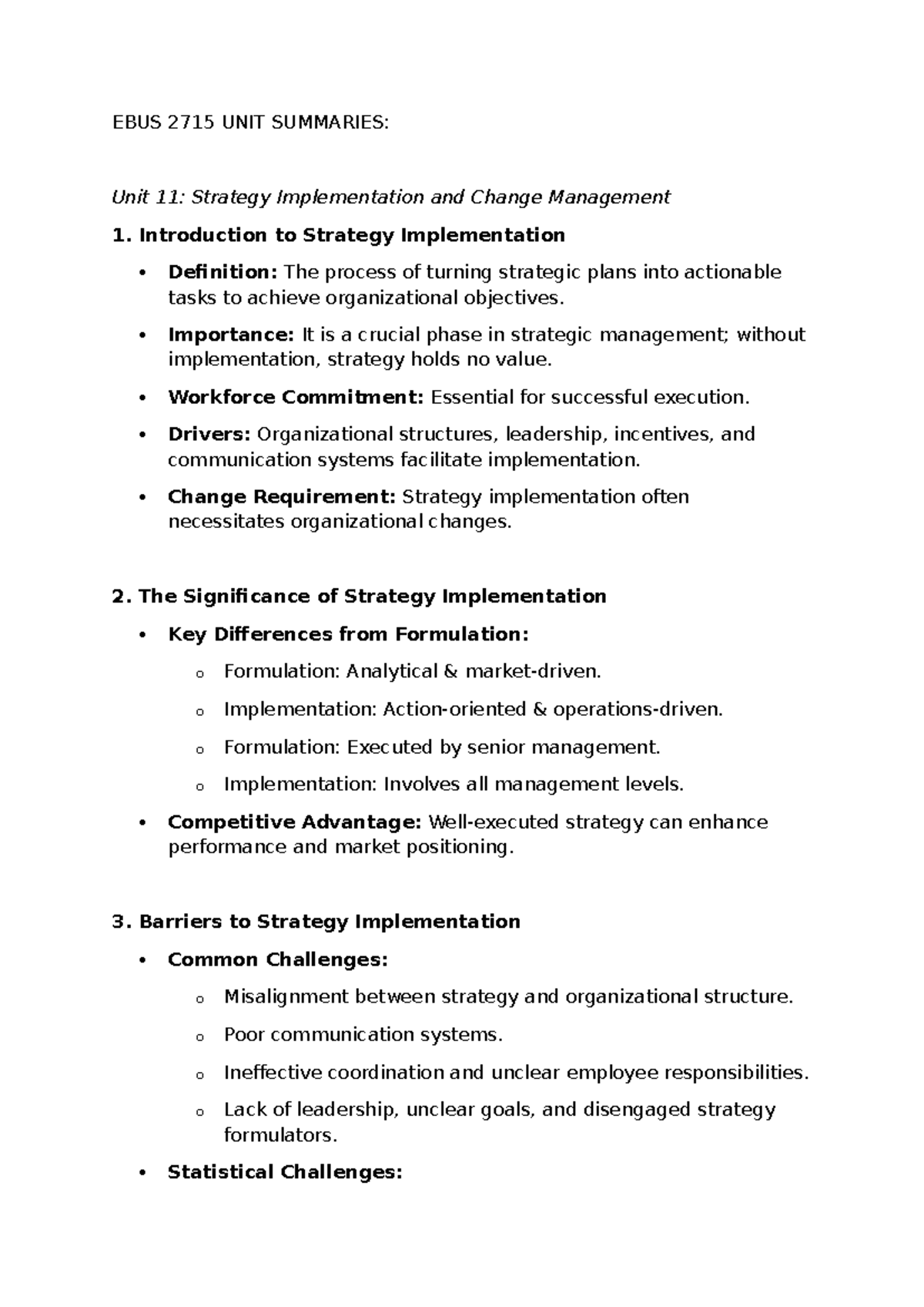 EBUS 2715 Unit Summaries: Strategy Implementation & Change Management ...