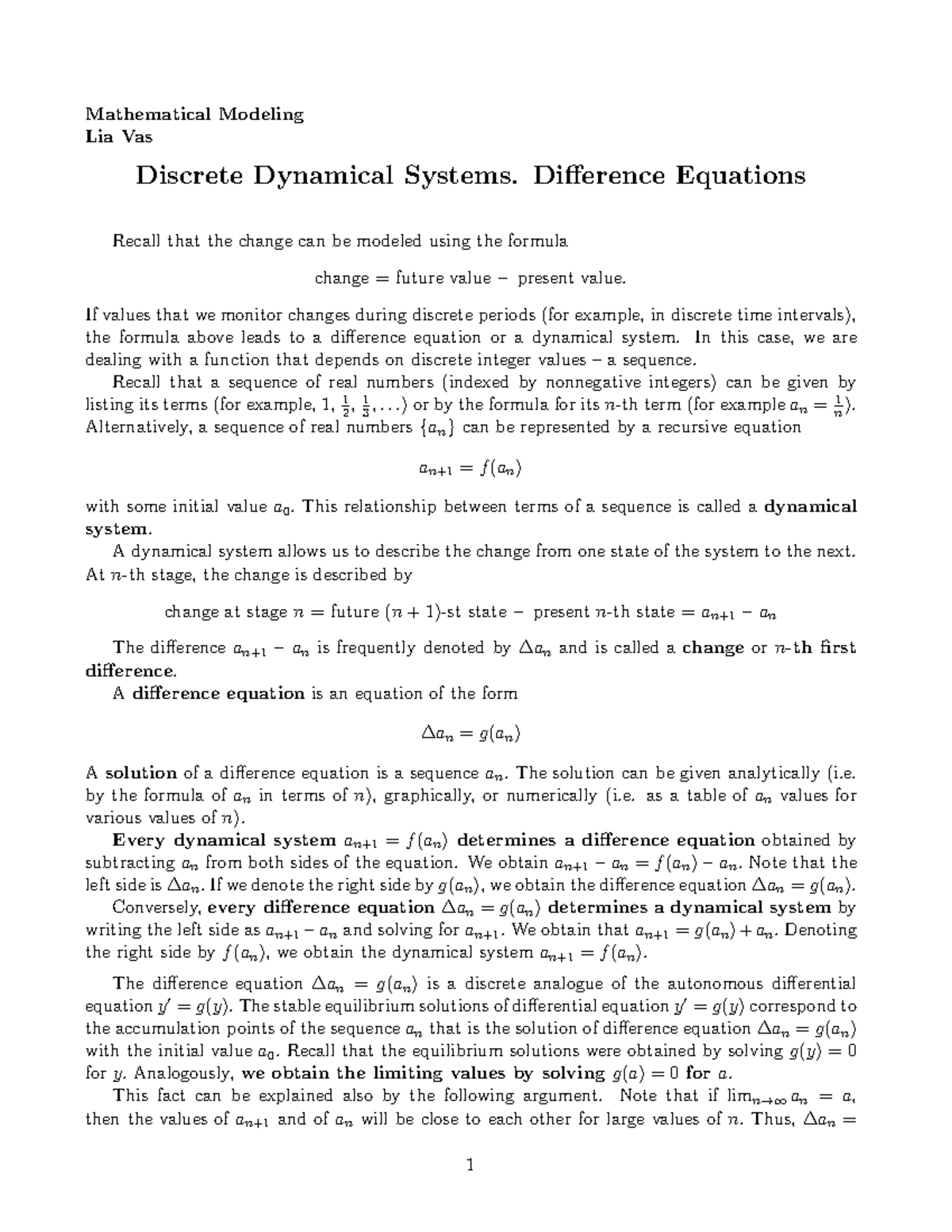 Difference eq - diff eqs but good - Mathematical Modeling Lia Vas ...