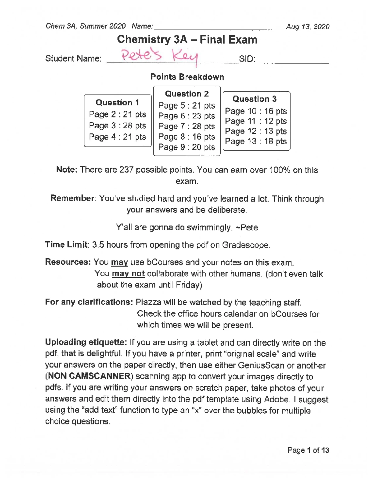 Final Exam Key for Chem 3A - Spring 2023: Tips & Extra Questions - Studocu