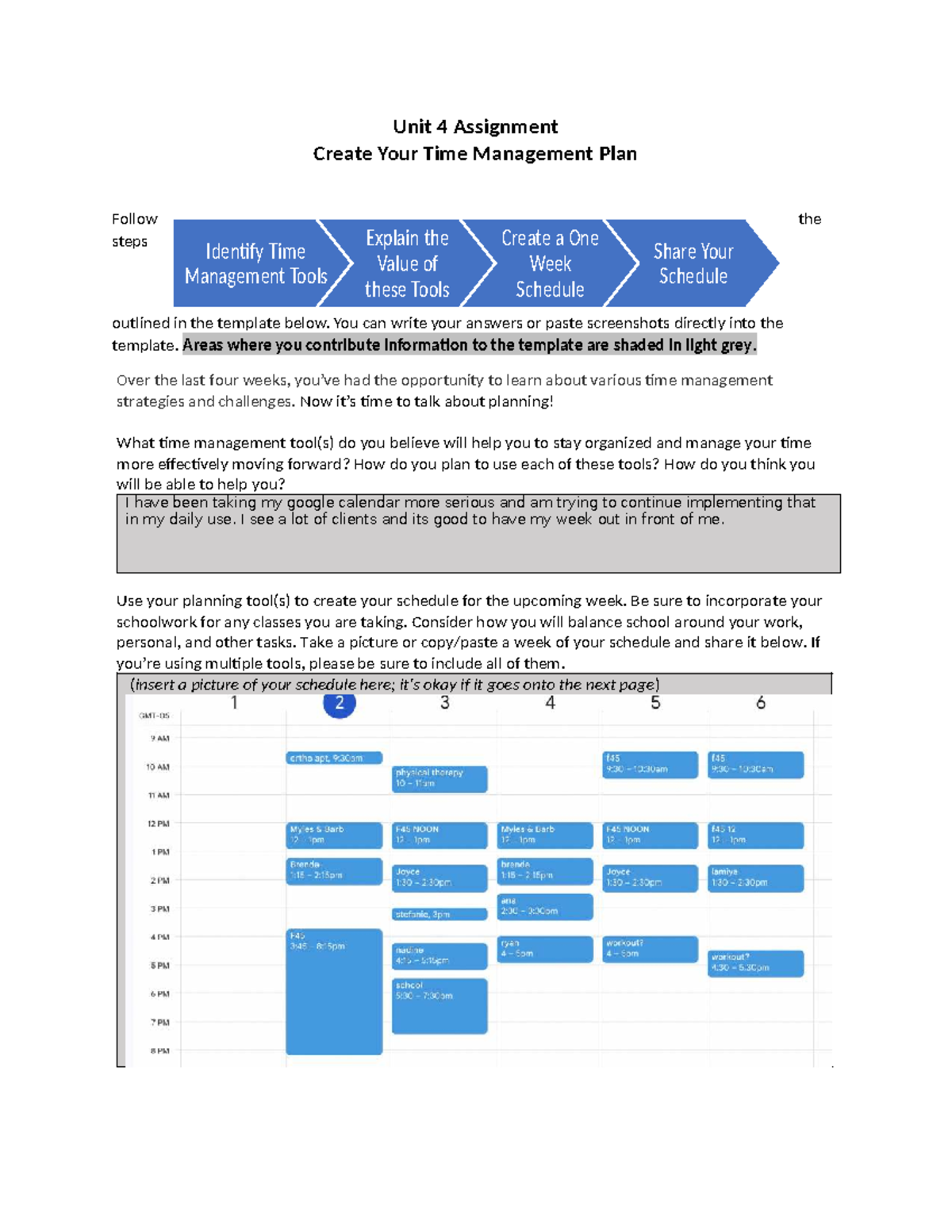 Unit 4 Assignment: Time Management Plan & Weekly Schedule - Studocu