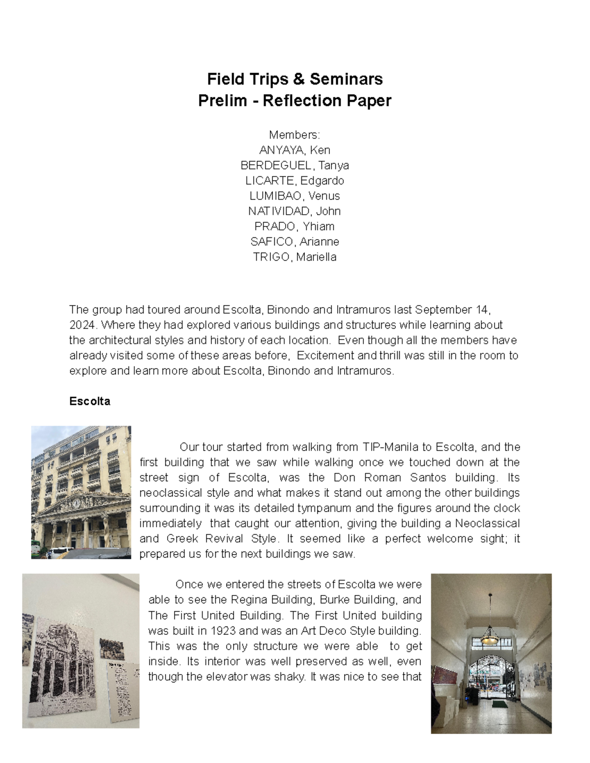 FTS Prelim Group Reflection 1 - Field Trips & Seminars Prelim ...