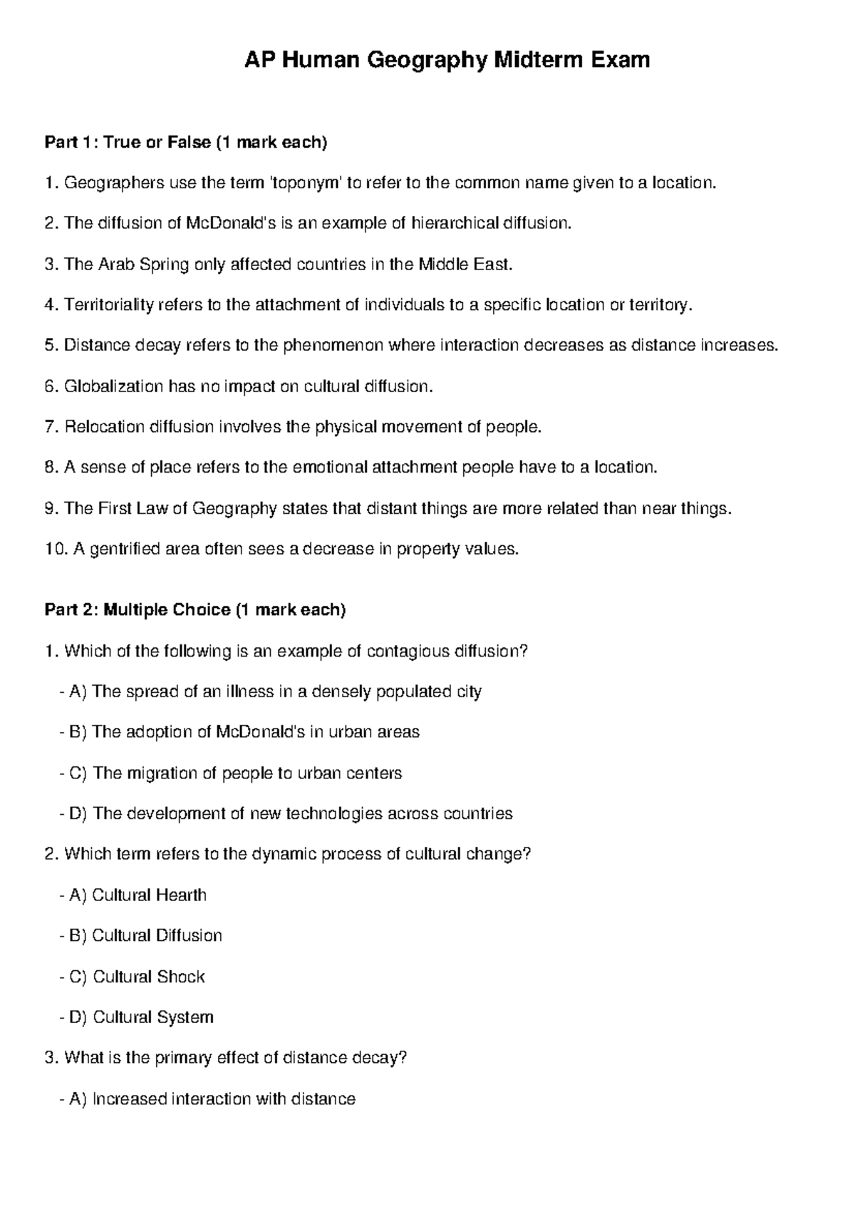AP Geography Midterm Exam Version 3 - AP Human Geography Midterm Exam ...