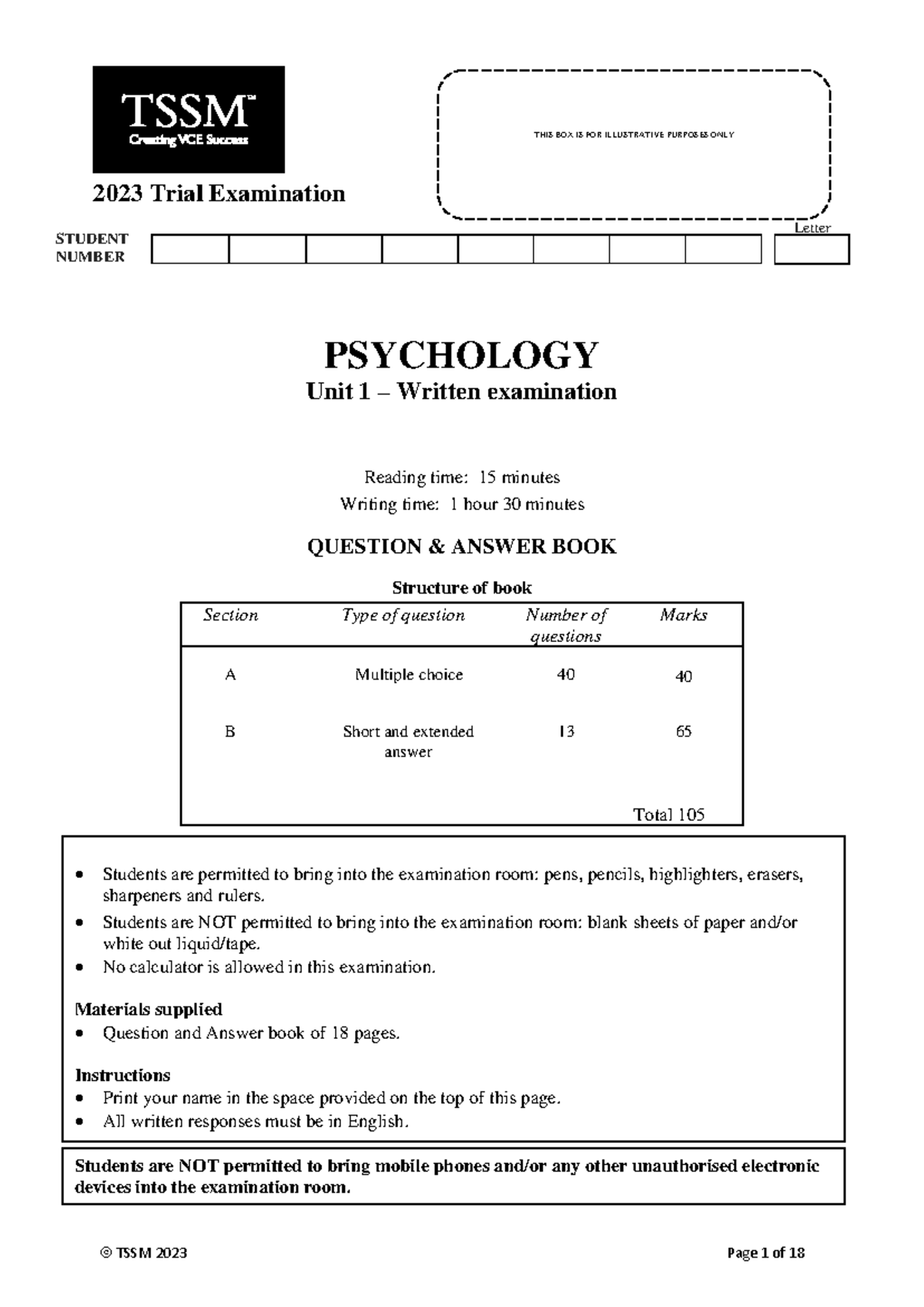 TSSM Psychology 2023 Unit 1 Trial Exam - Question & Answer Format - Studocu