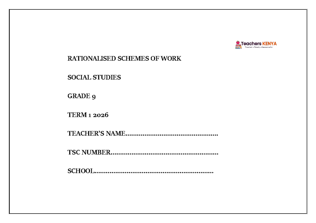 TERM 1 GRADE 9 SOCIAL STUDIES SCHEMES OF WORK 2026 - Studocu