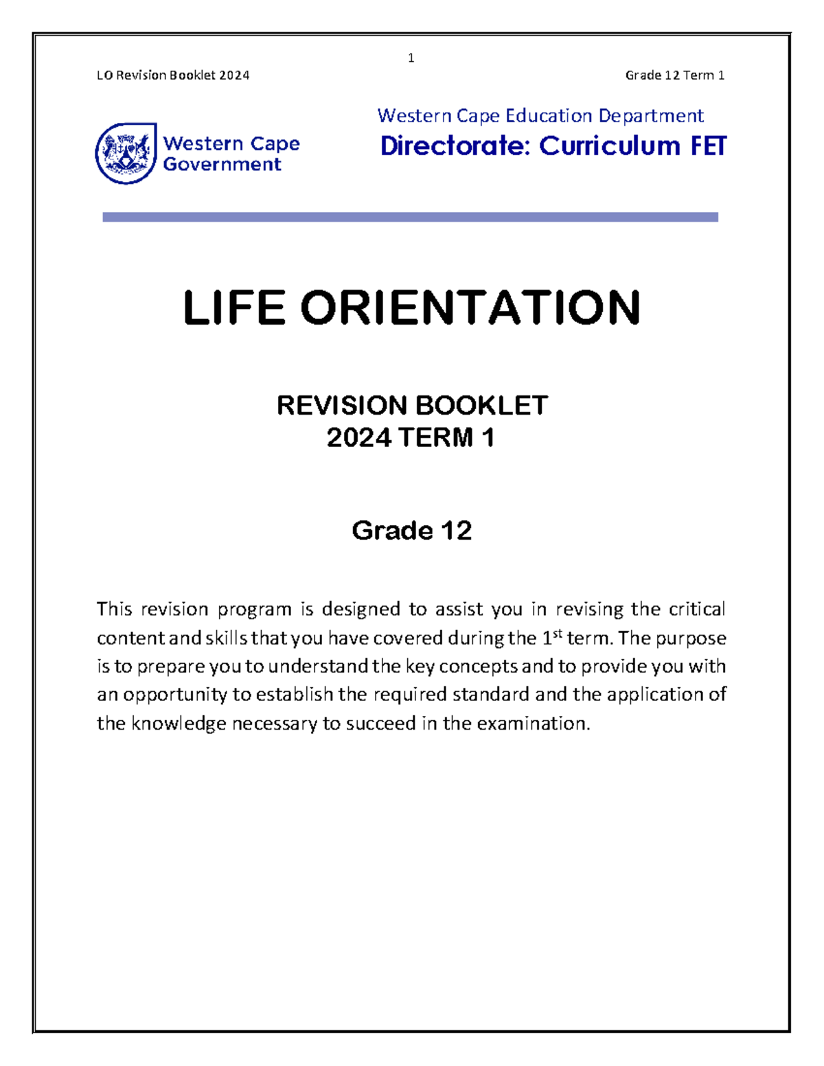 LO Revision Booklet 2024 Grade 12 Term 1 - Life Orientation Guide - Studocu