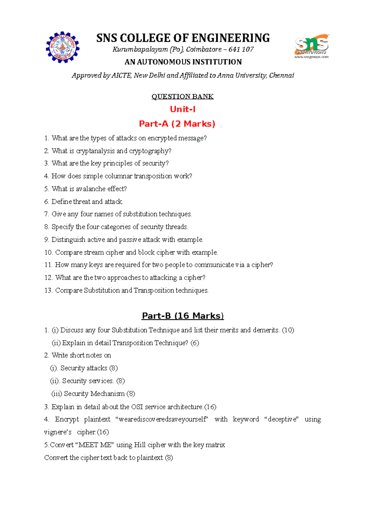 CNS QB - Essential Questions for Cryptography & Security Concepts - Studocu