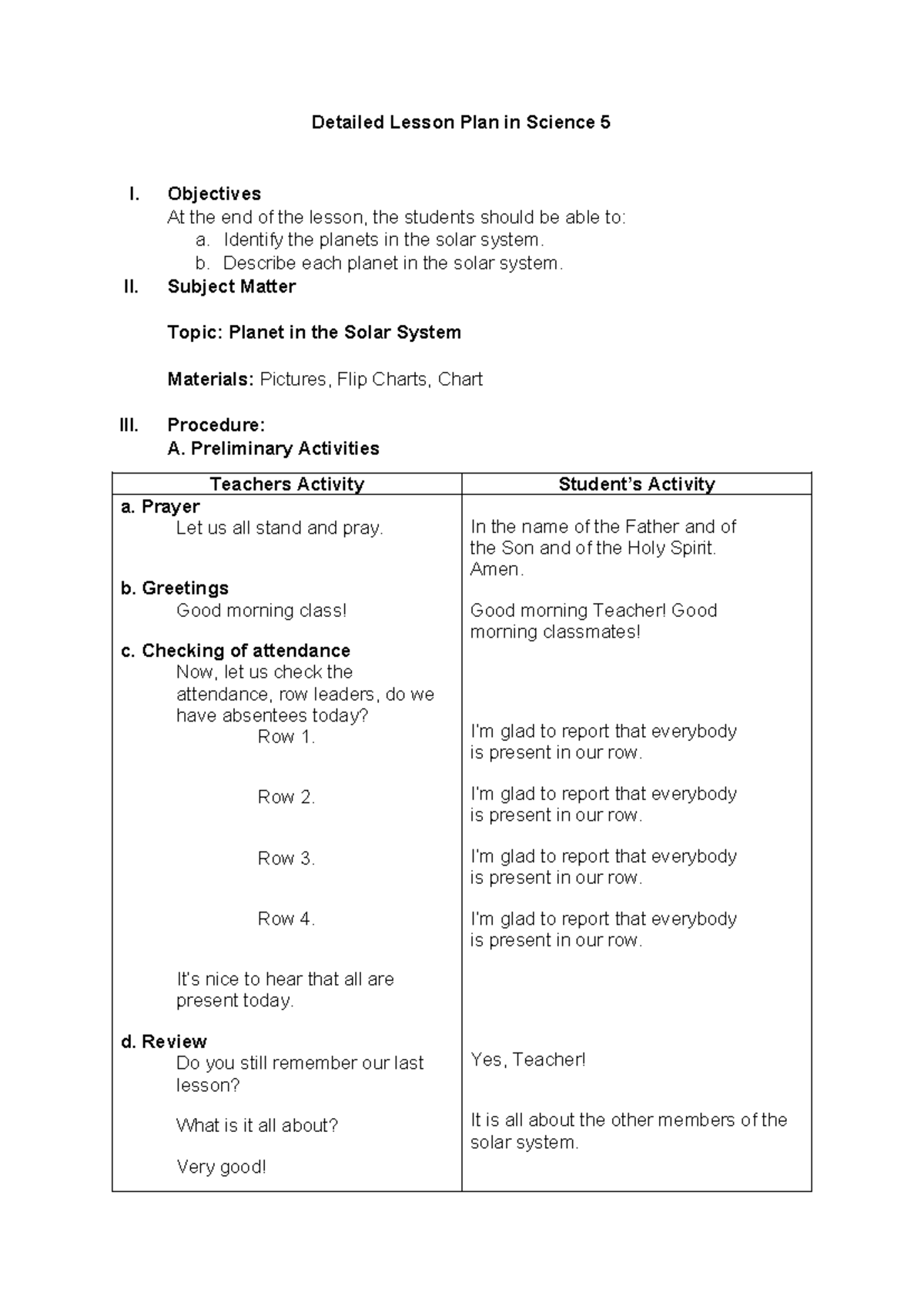 Solar System Lesson Plan Grade 5