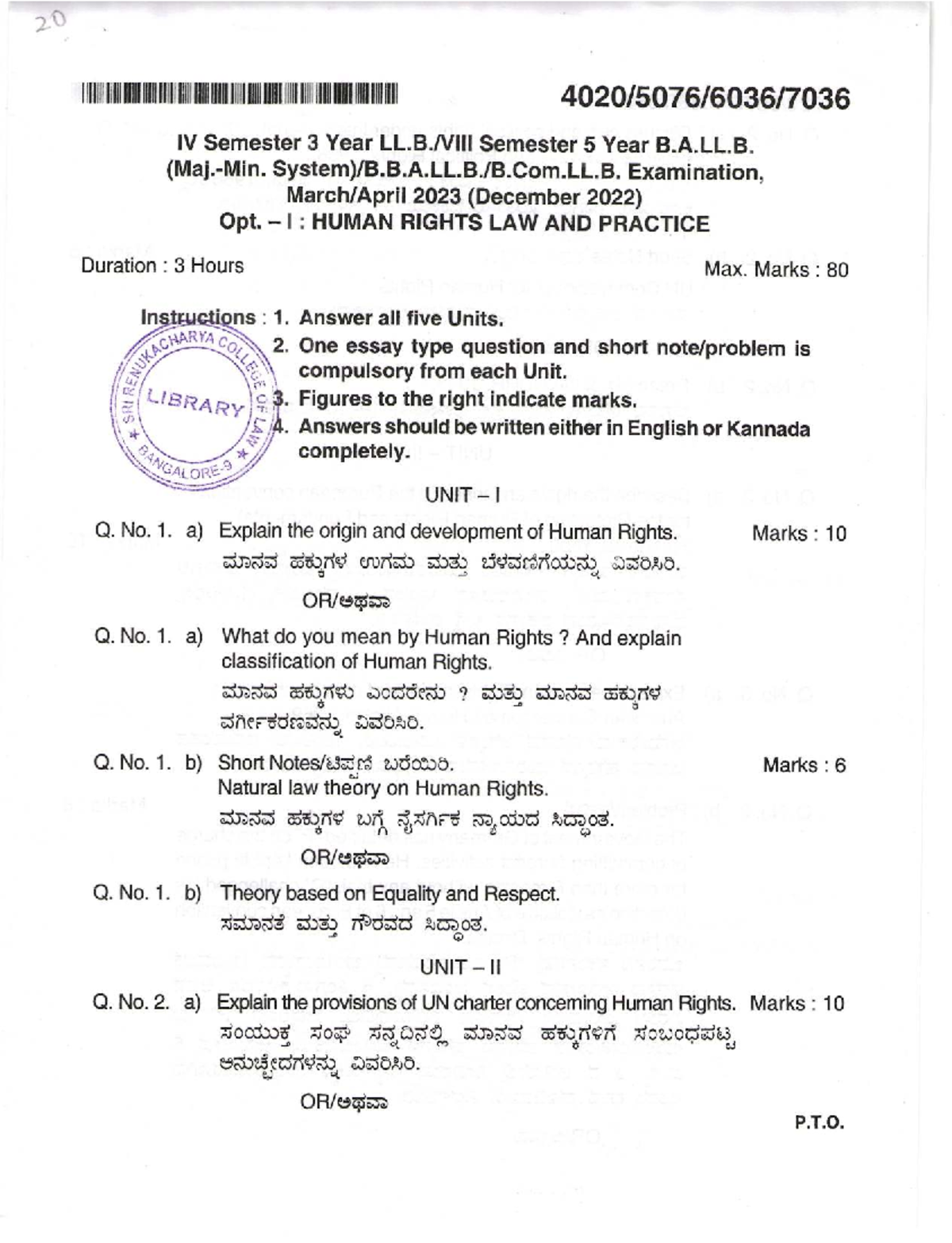 B.A.LL.B. IV Sem Human Rights Law & Practice Exam Questions 2023 - Studocu