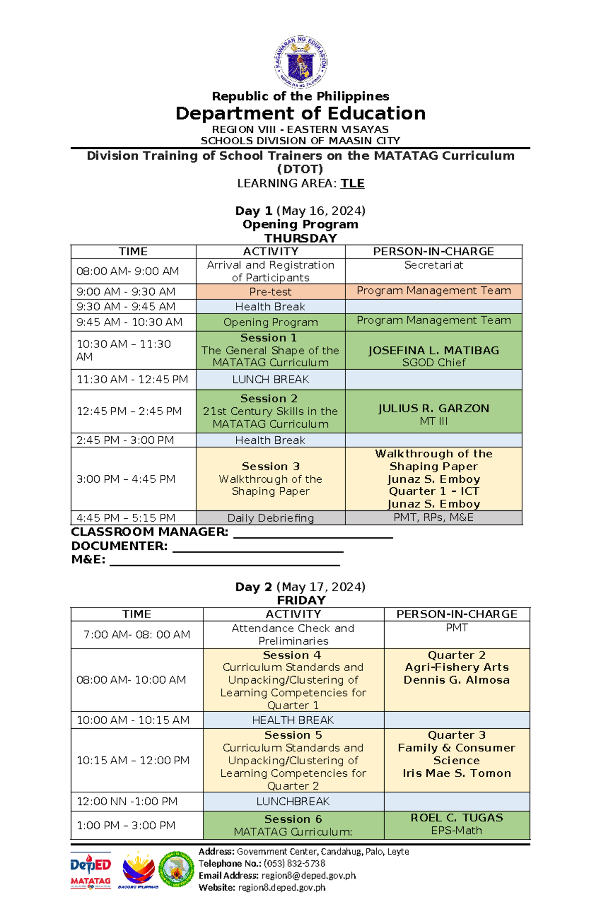 MATATAG Curriculum Training: TLE Division Event Agenda - Studocu