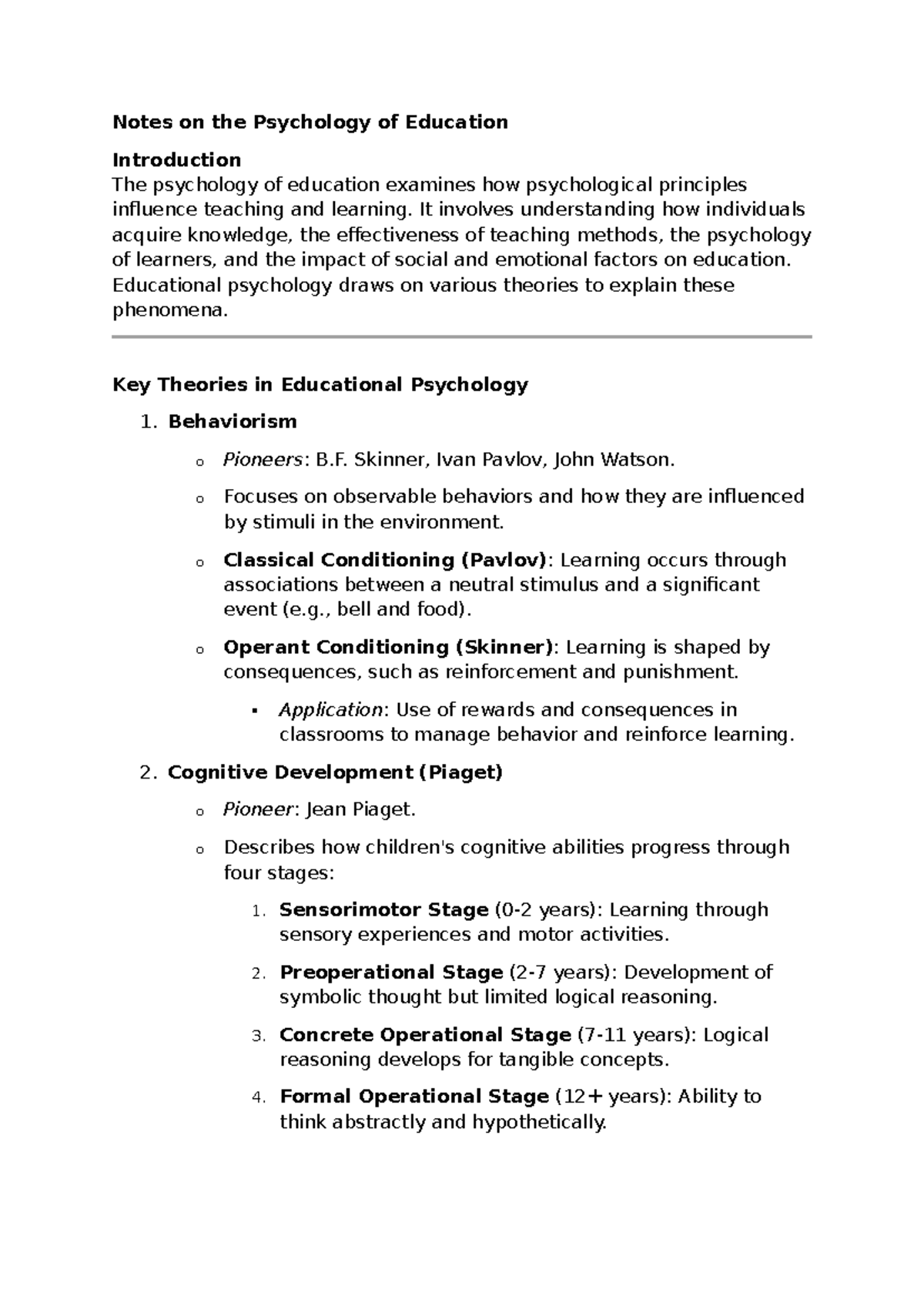 Notes 1 - Notes on the Psychology of Education Introduction The ...