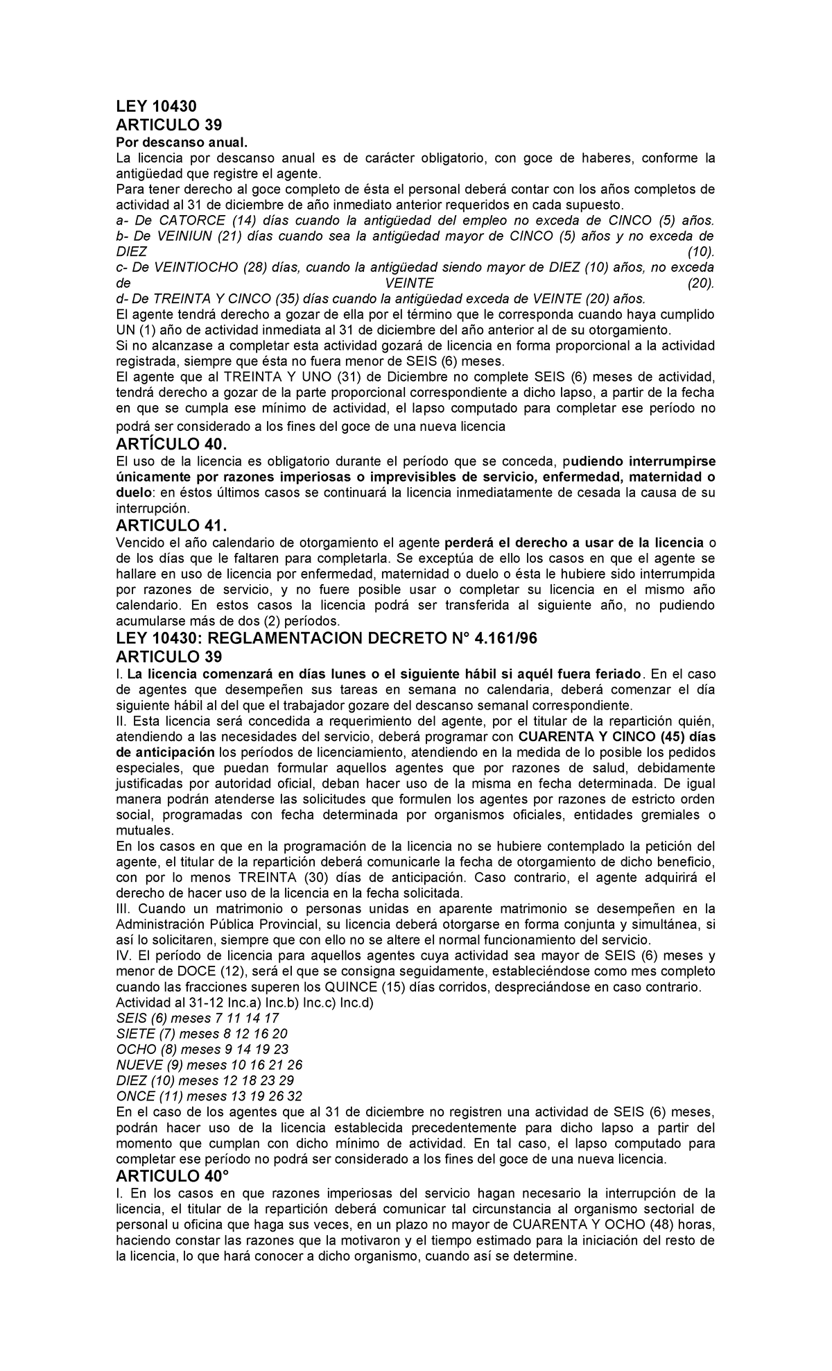 LEY 10430: Artículos sobre Licencia Anual y Reglas de Uso - Studocu